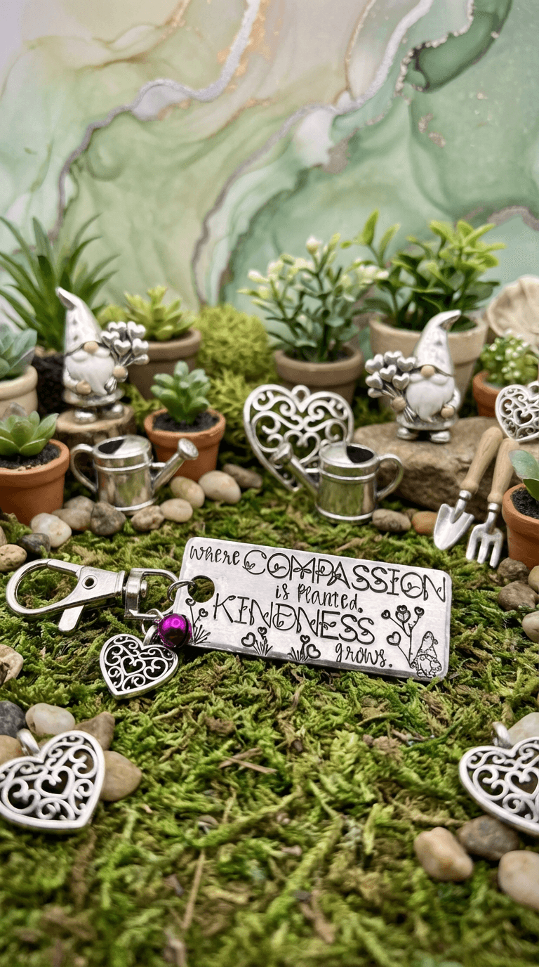 Metal keychain tag with hand-stamped text reading 'Where compassion is planted kindness grows' displayed on moss with miniature garden gnomes, tiny potted succulents, watering cans, and decorative filigree hearts.