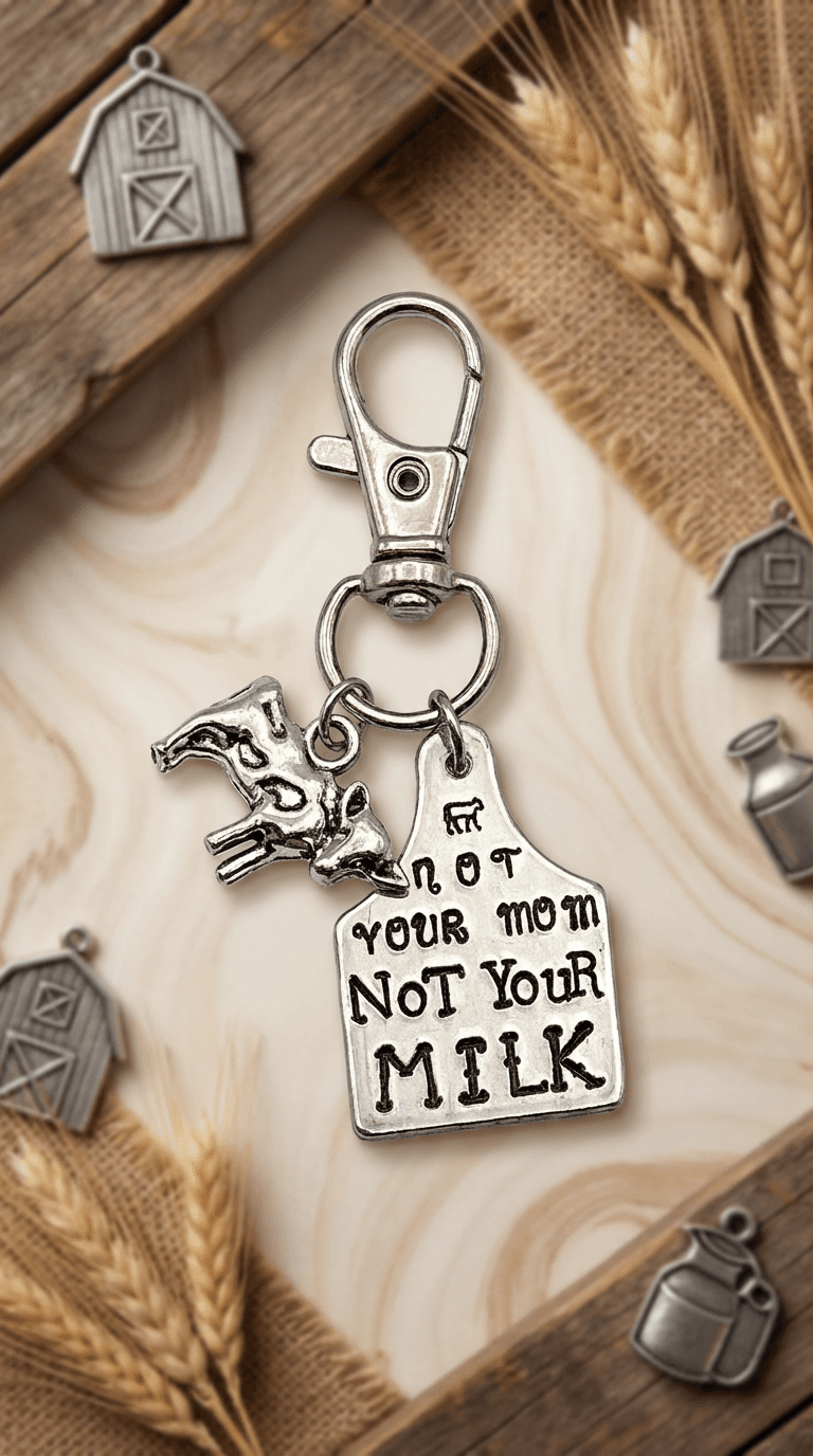 Silver keychain with lobster clasp featuring a cow charm and rectangular metal tag stamped with 'Not Your Mom Not Your Milk' text, displayed on rustic wood with wheat and barn charms