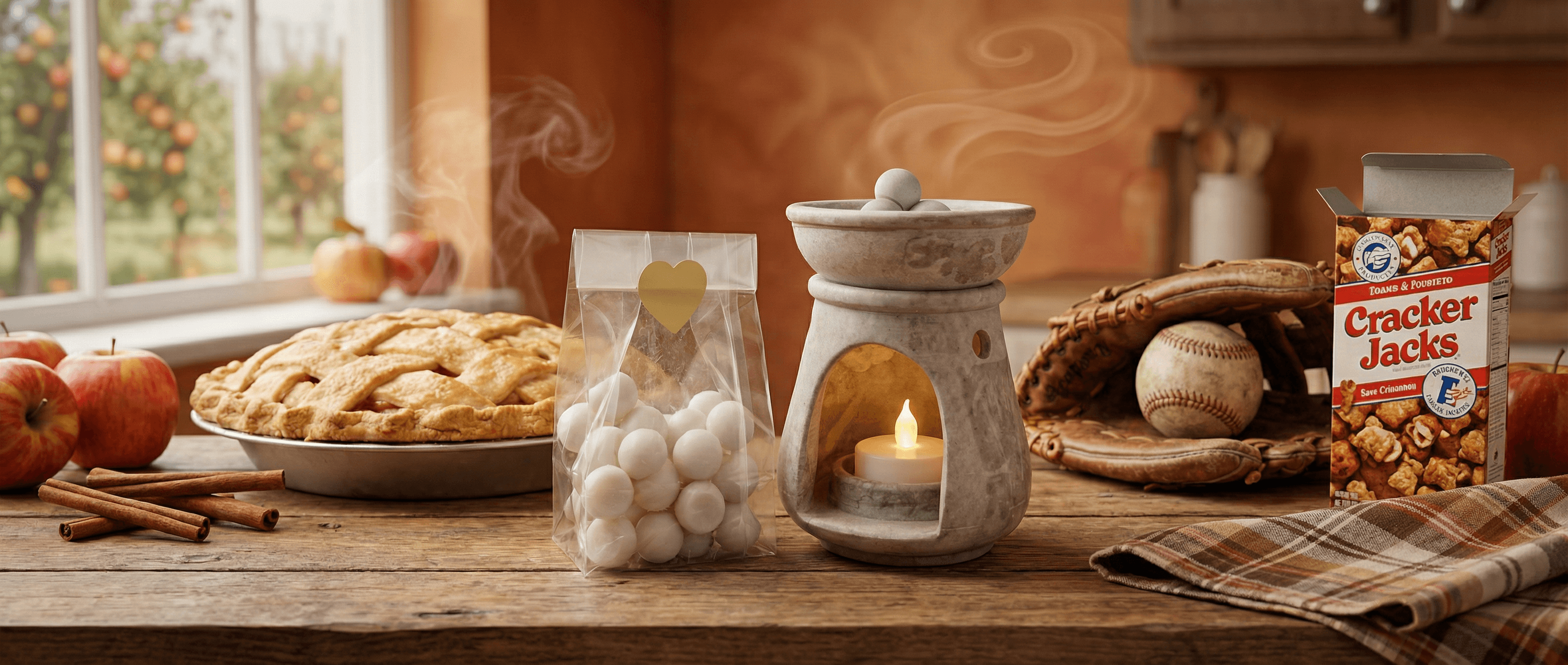 Rustic wooden table display with apple pie, red apples, cinnamon sticks, clear bag of white wax melt balls with gold heart label, ceramic wax warmer with lit candle, baseball glove, and Cracker Jacks box.