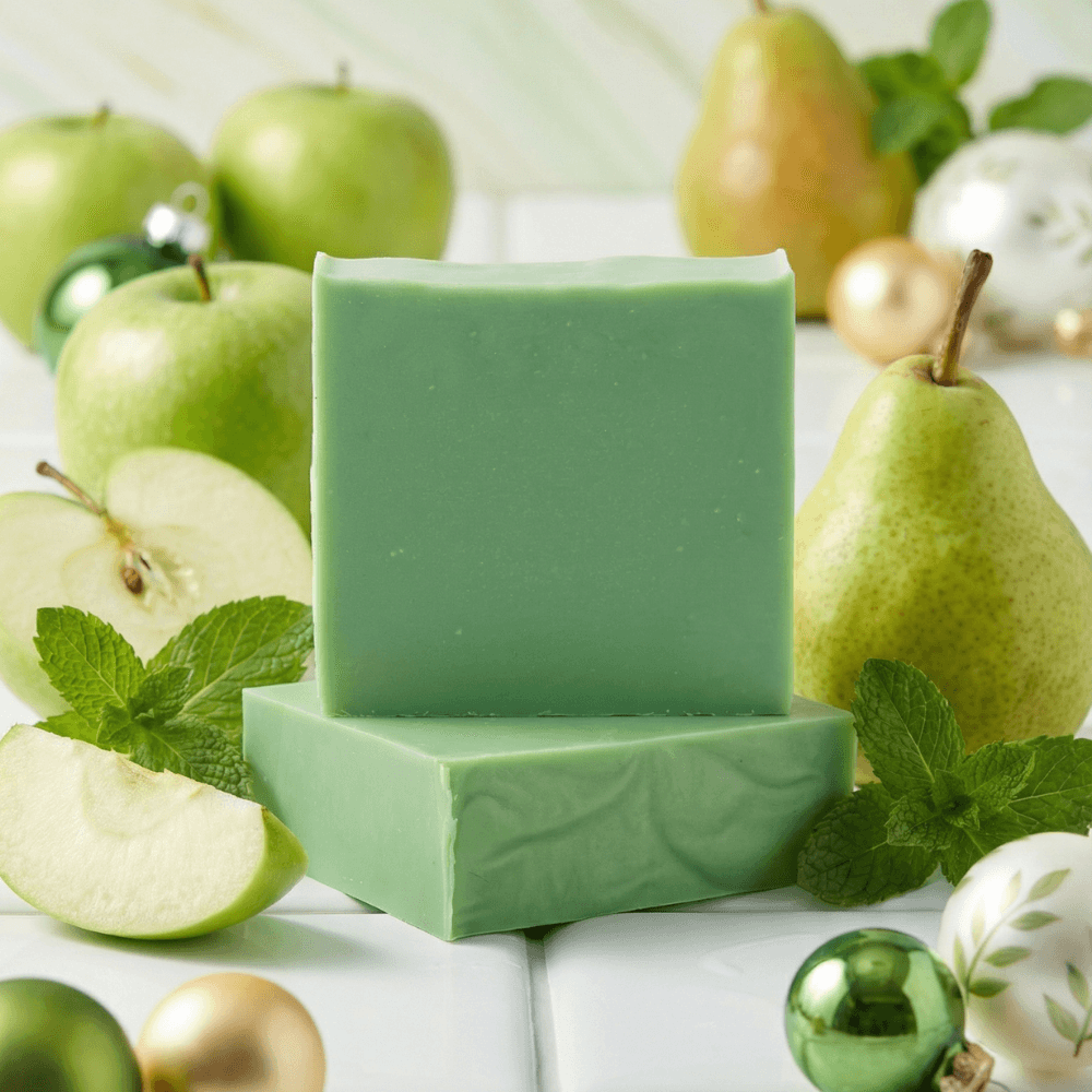 Two stacked bars of smooth mint-green handcrafted soap surrounded by fresh green apples, pears, and mint leaves on a white surface with decorative ornaments.