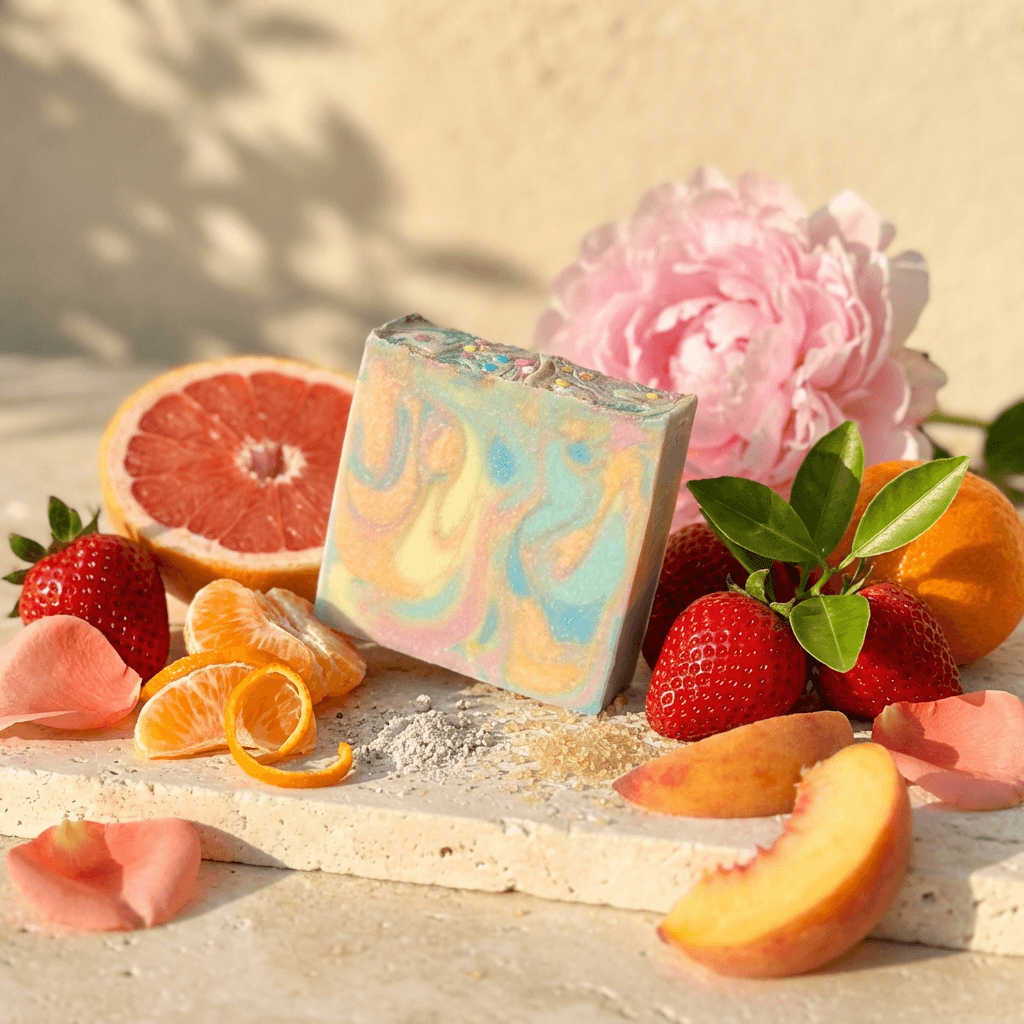 Handcrafted soap bar with pastel yellow, blue, and peach swirled design and colorful confetti top, displayed among fresh strawberries, citrus slices, pink peony, and rose petals on textured surface.