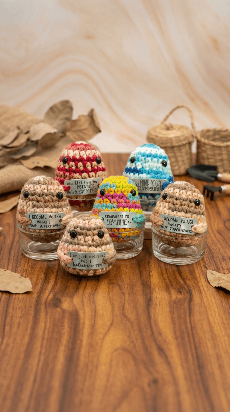 Six hand-crocheted potato characters in various striped colorways, each sitting on a small glass jar and holding a humorous hand-stamped message tag. Arranged on wood surface with dried leaves.