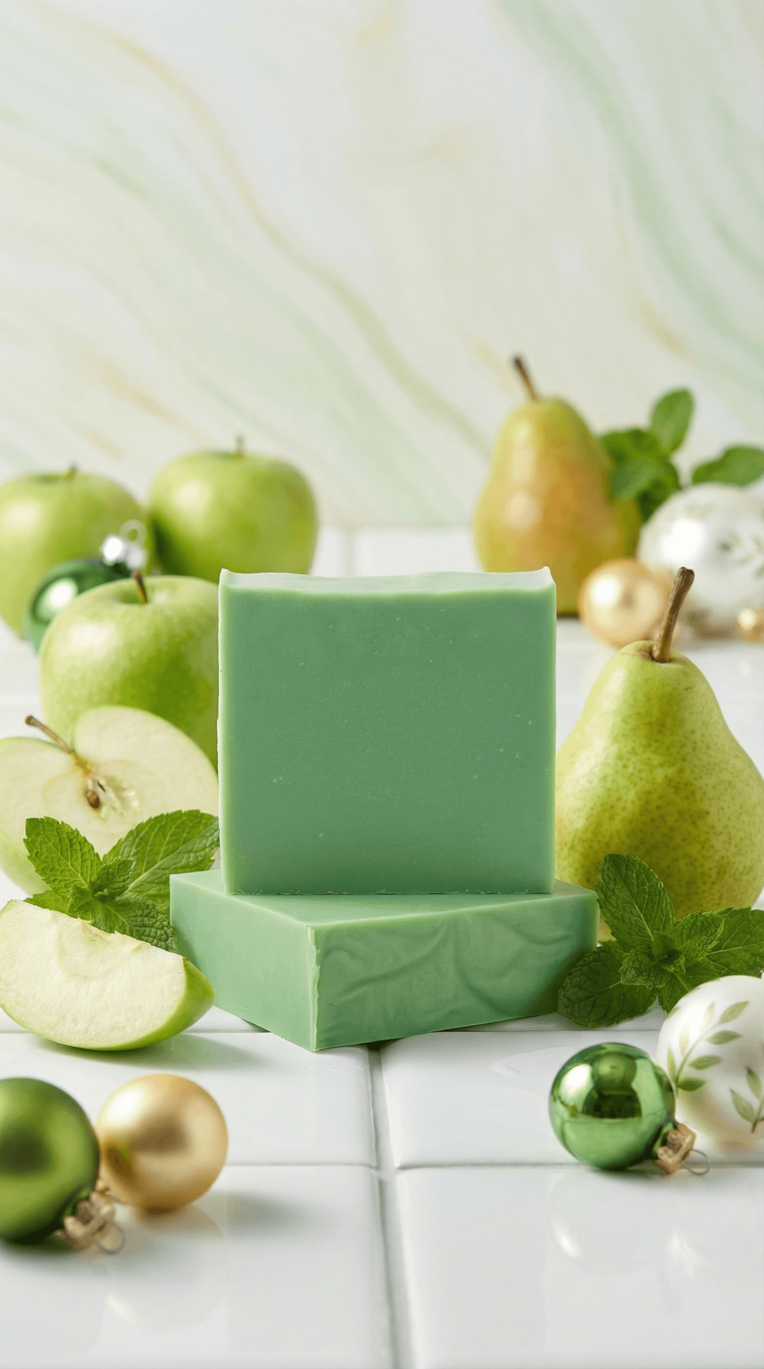 Two sage green rectangular soap bars stacked on white tile, surrounded by fresh green apples, pears, mint leaves, and gold and green ornaments in a festive product display.