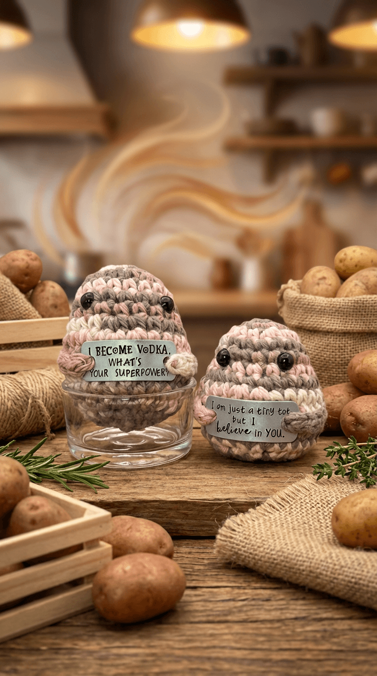 Two crocheted potato-shaped characters in muted pink and tan yarn with button eyes, holding humorous signs. One sits in a glass jar, surrounded by real potatoes, burlap, and rosemary on a rustic wooden table.