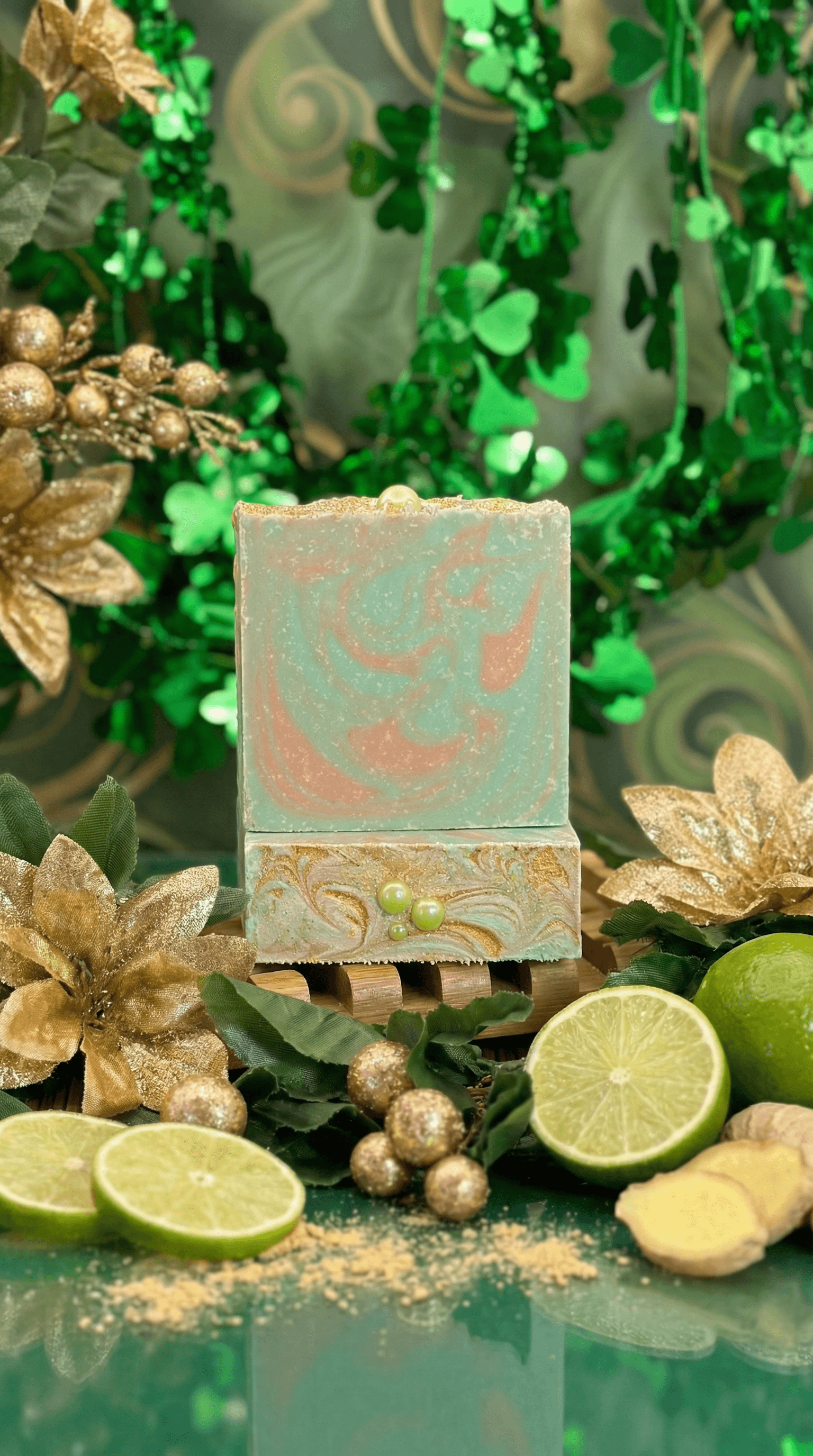 Handcrafted soap bar with swirled mint green and rose gold marbling, topped with gold shimmer and small green pearl embeds. Displayed on wooden soap dish with fresh limes, ginger root, and gold poinsettias.