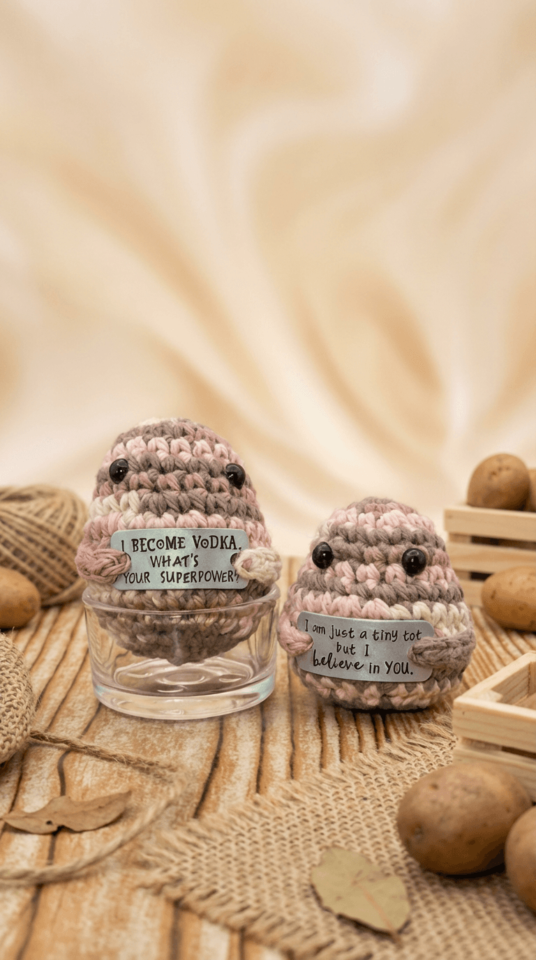 Two hand-crocheted potato-shaped figures in brown and pink tones with black bead eyes, each holding a small paper sign with encouraging messages. One sits in a glass, surrounded by yarn, burlap, and wooden crates.