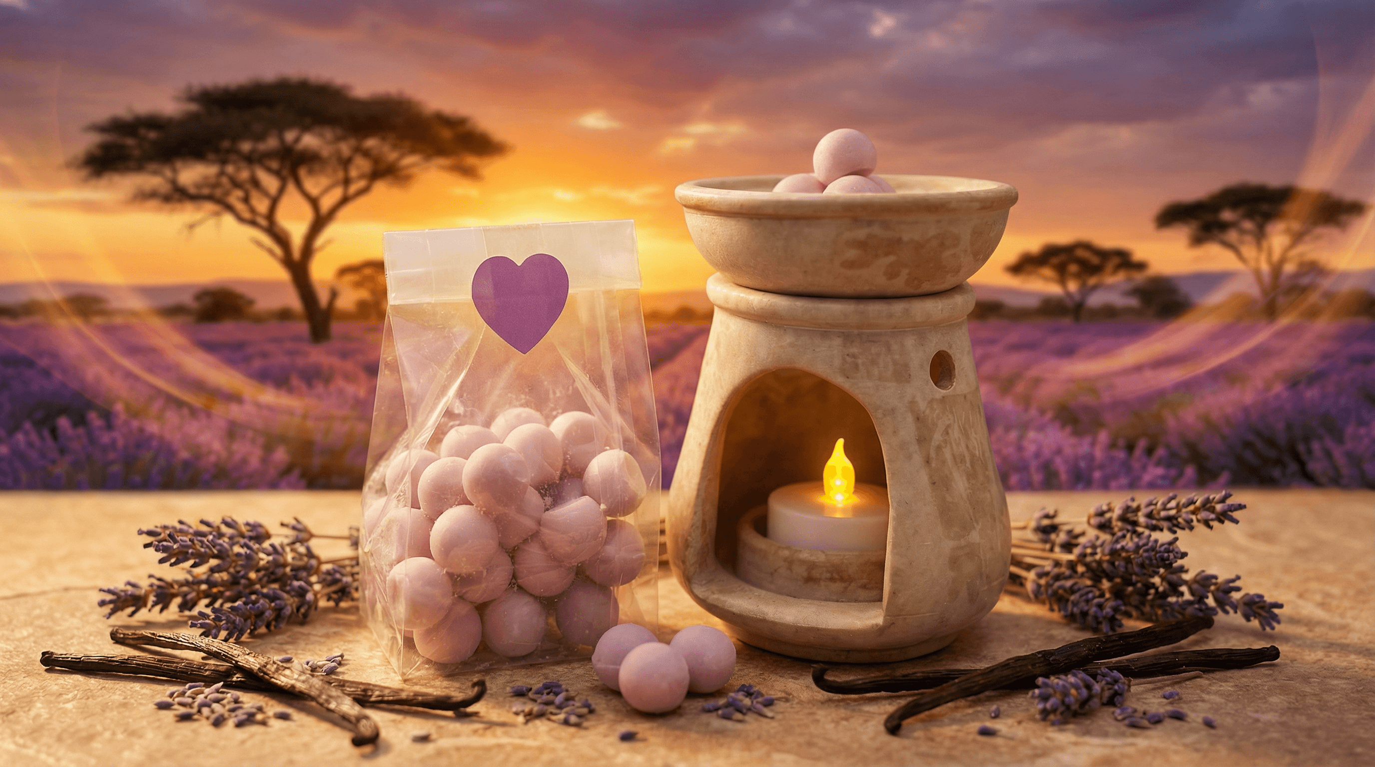 Pale purple spherical wax melts displayed in clear bag with heart sticker and in ceramic oil warmer with lit tealight, surrounded by dried lavender sprigs and vanilla beans on natural surface.