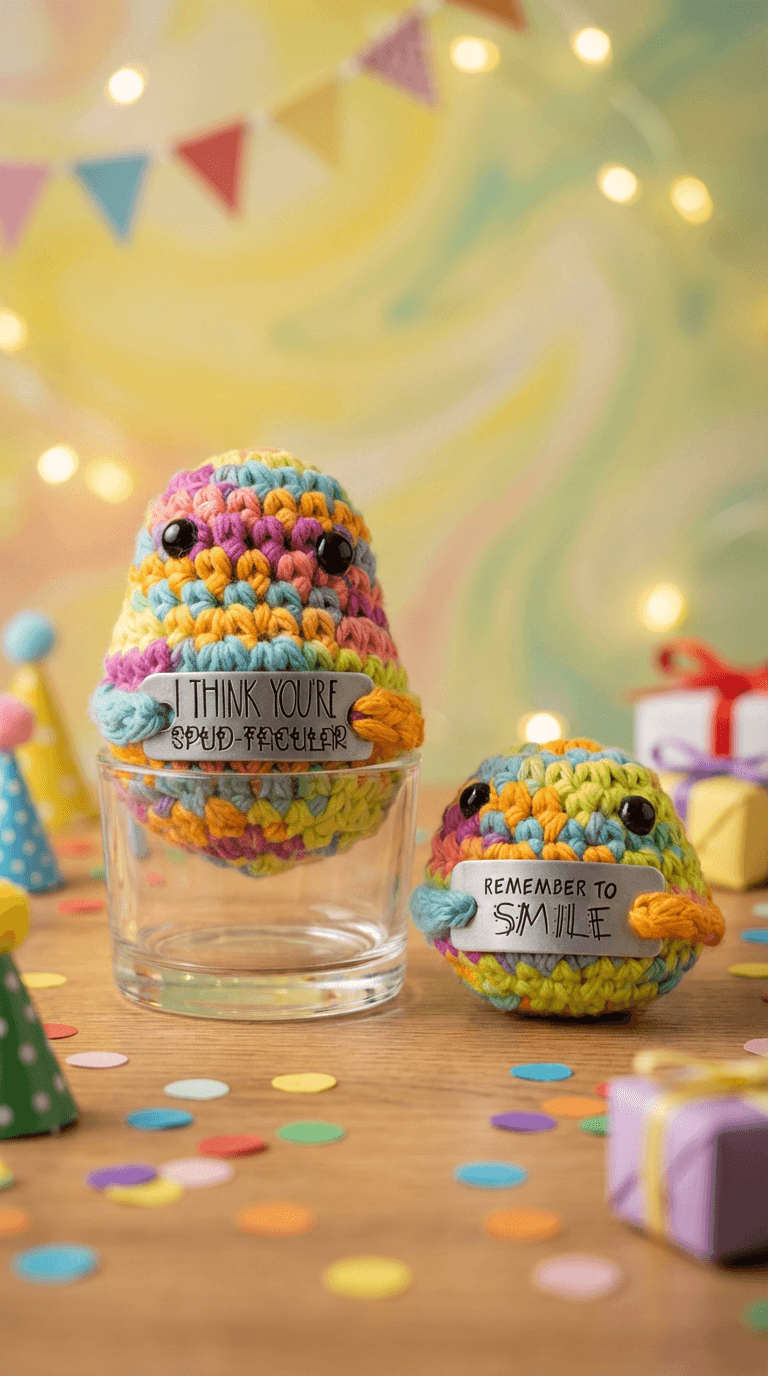 Two rainbow-striped crocheted potato characters with black bead eyes and paper sentiment tags reading 'I THINK YOU'RE SPUD-TACULAR' and 'REMEMBER TO SMILE', displayed on a wood surface with confetti.