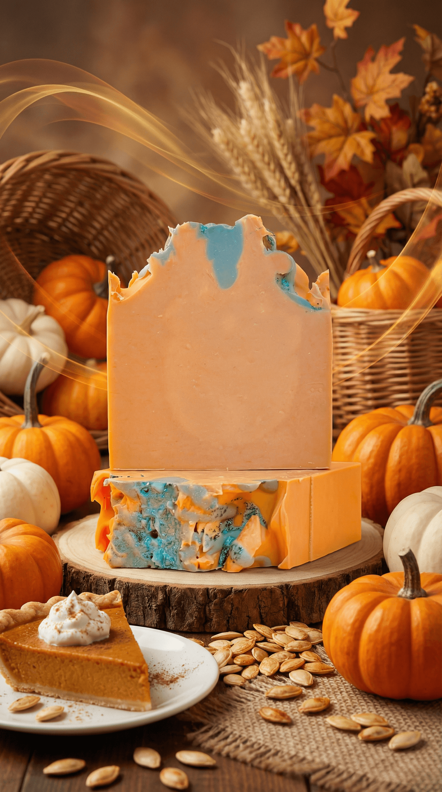 Two bars of handcrafted soap in peach and turquoise swirls with textured peaks, displayed on a wood slice surrounded by pumpkins, autumn leaves, pumpkin pie, and scattered pumpkin seeds.