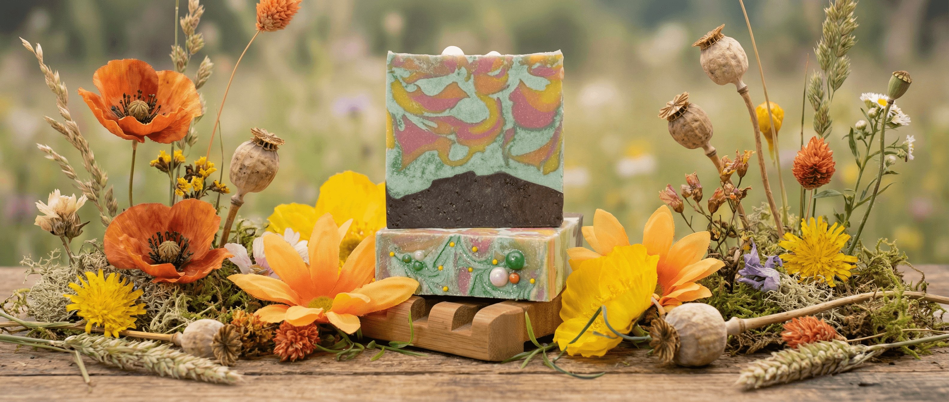 Two stacked handcrafted soap bars on wooden holder surrounded by orange poppies, yellow wildflowers, and dried grasses. Top bar features swirled pastels with dark base layer.
