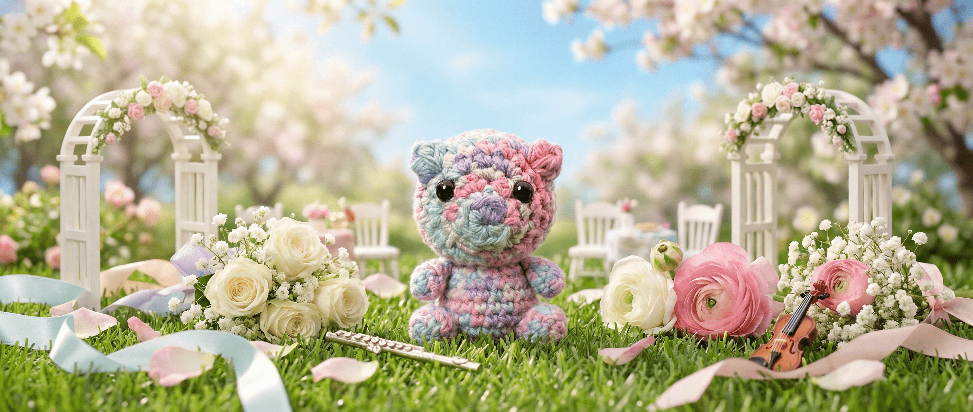 Pastel pink, blue, and purple crocheted teddy bear sitting on grass surrounded by white and pink roses, decorative arches, ribbons, and a tiny violin in a spring garden setting.