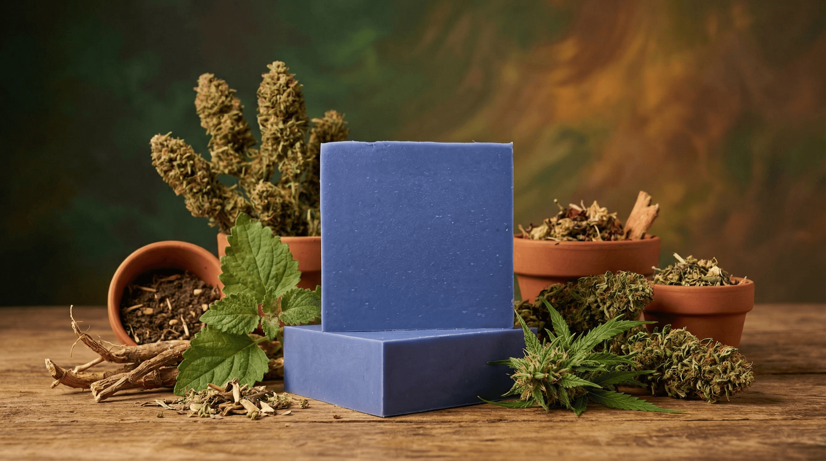 Two stacked bars of deep indigo blue soap on a wooden surface, surrounded by dried herbs, terracotta pots with dried botanicals, and fresh green leaves in a natural earthy setting.