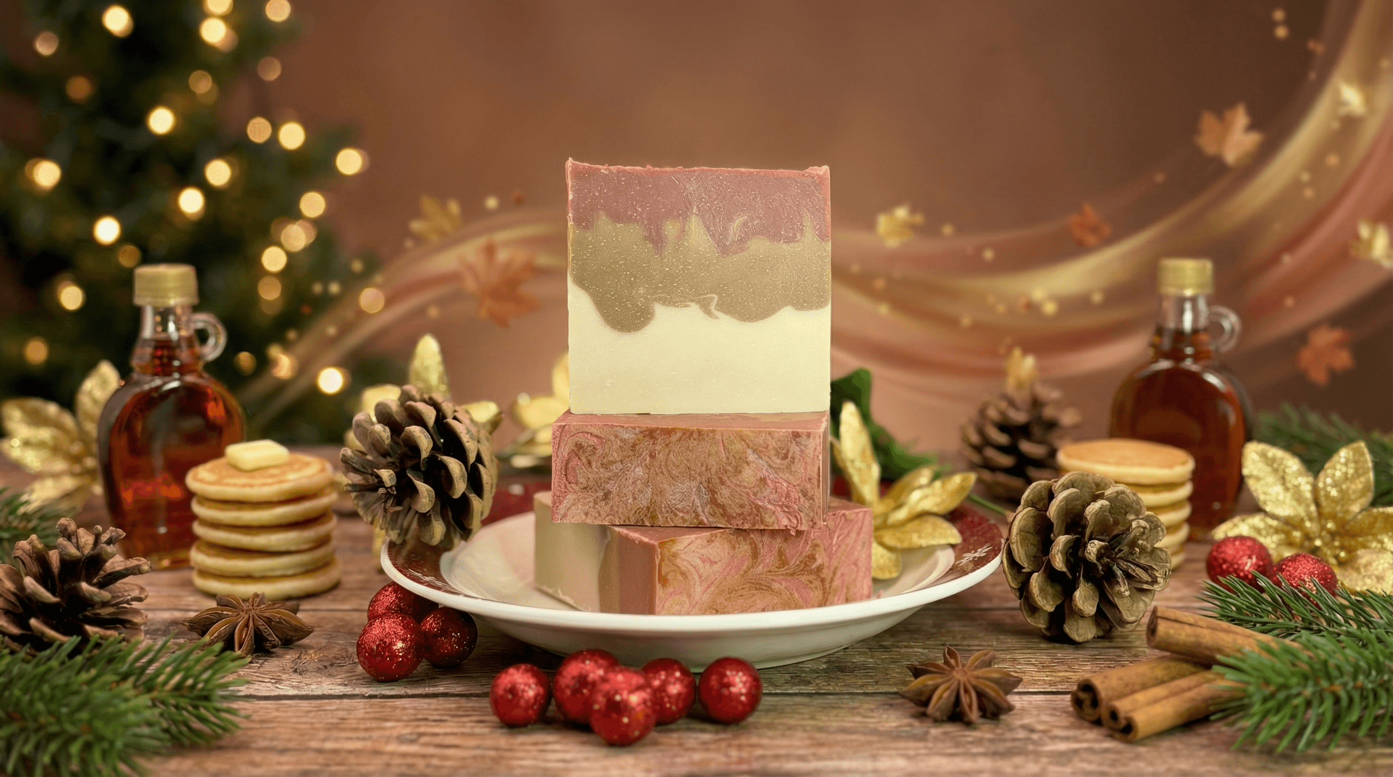 Three bars of handmade soap with pink and gold marbled swirls stacked on a white plate, surrounded by festive holiday decor including pine cones, cinnamon sticks, maple syrup bottles, and a Christmas tree with lights.