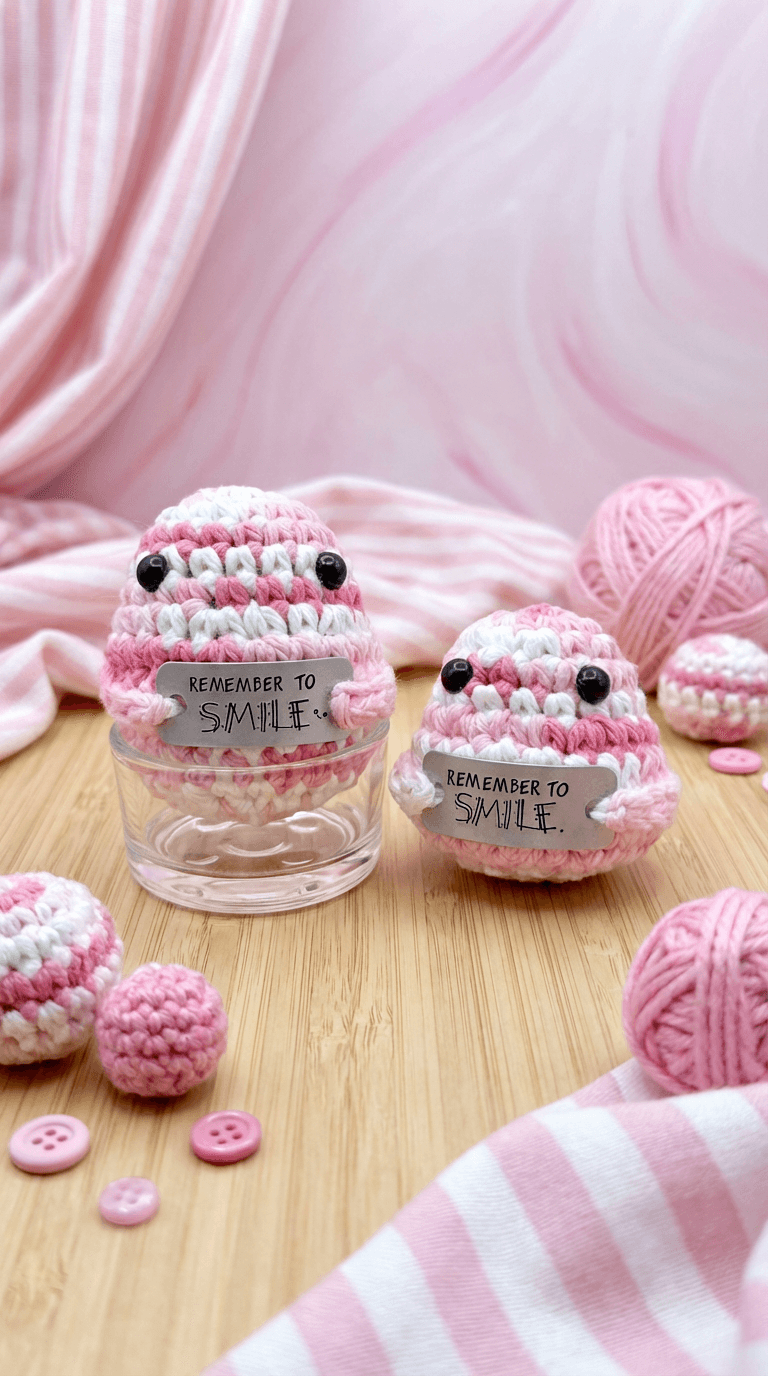 Two hand-crocheted pink and white striped characters with black bead eyes, holding 'REMEMBER TO SMILE' signs. One sits in a glass jar, the other on a wooden surface with yarn balls and pink buttons.