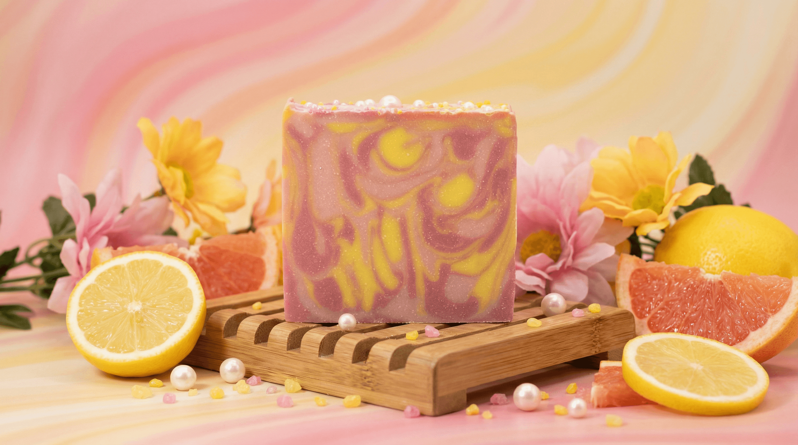 Swirled pink and yellow handmade soap bar on a bamboo soap dish, surrounded by fresh lemon slices, grapefruit, pink flowers, and decorative pearls against a soft pastel background.