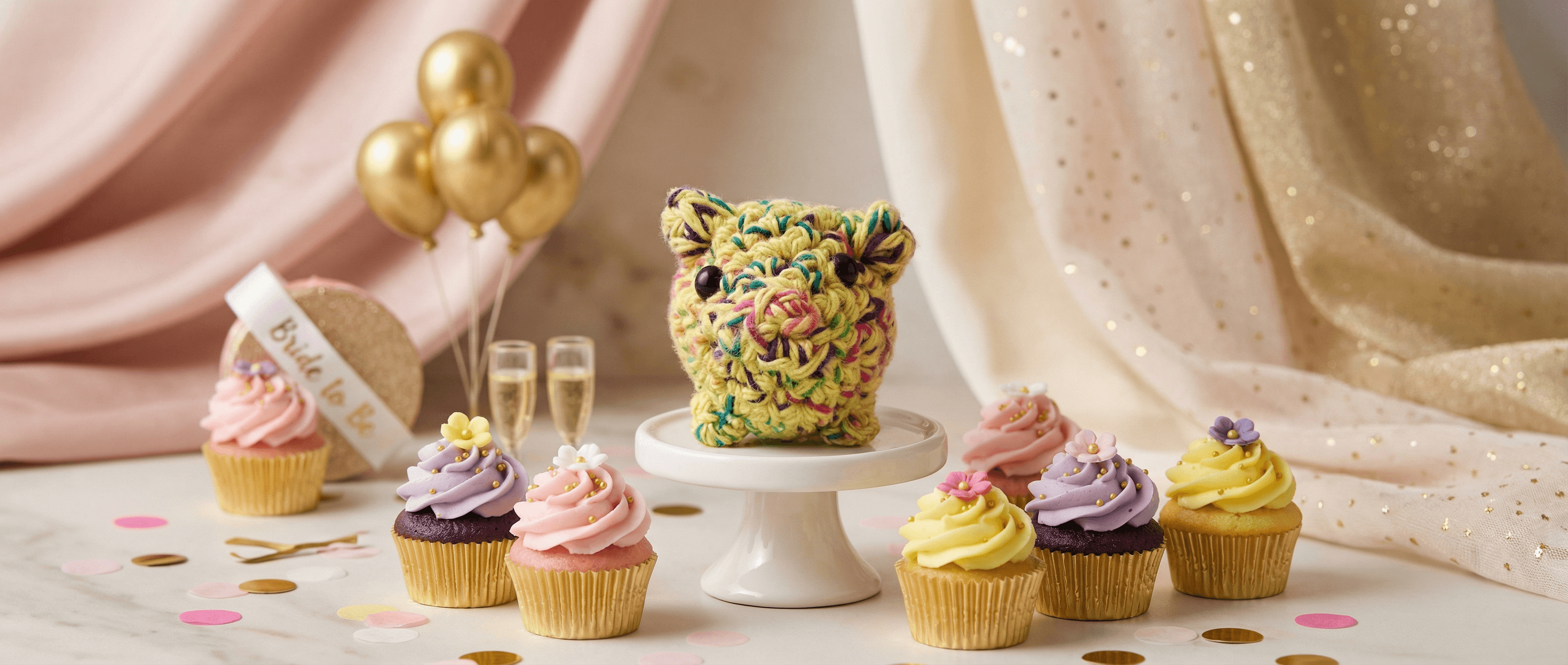 Multicolored hand-crocheted owl-shaped sachet displayed on white pedestal stand, surrounded by pastel cupcakes with purple, pink, and yellow frosting, gold balloons and champagne flutes in background