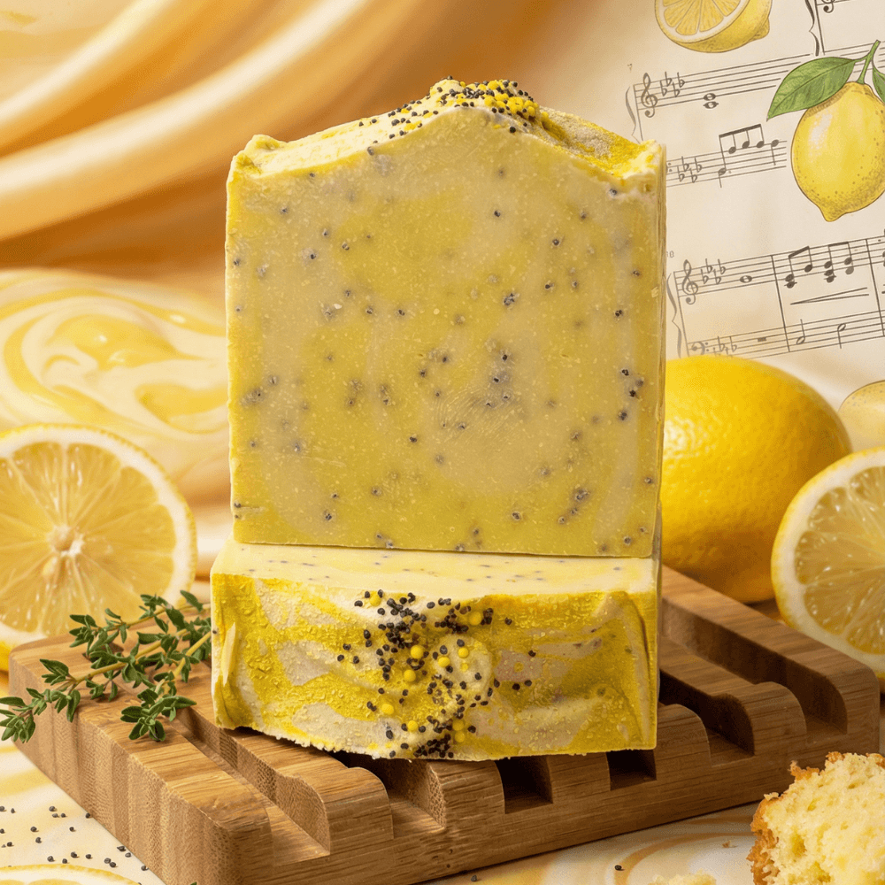 Two bars of yellow handcrafted soap with black poppy seeds throughout, stacked on a wooden soap dish. Fresh lemons and herbs are arranged beside the bars on a pale surface with swirled lemon slices.