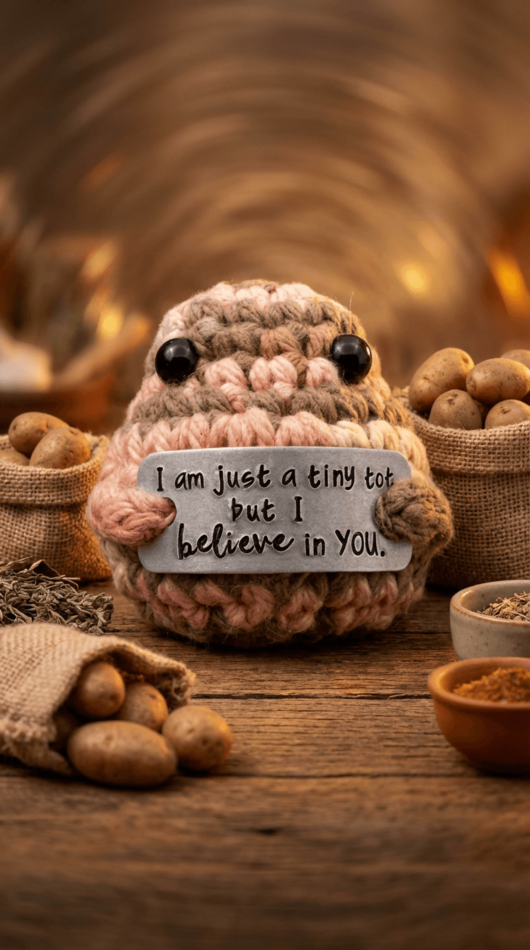 Hand-crocheted potato tater tot with black bead eyes holding a metal sign reading 'I am just a tiny tot but I believe in YOU.' Surrounded by burlap sacks of potatoes and spices on rustic wood table.