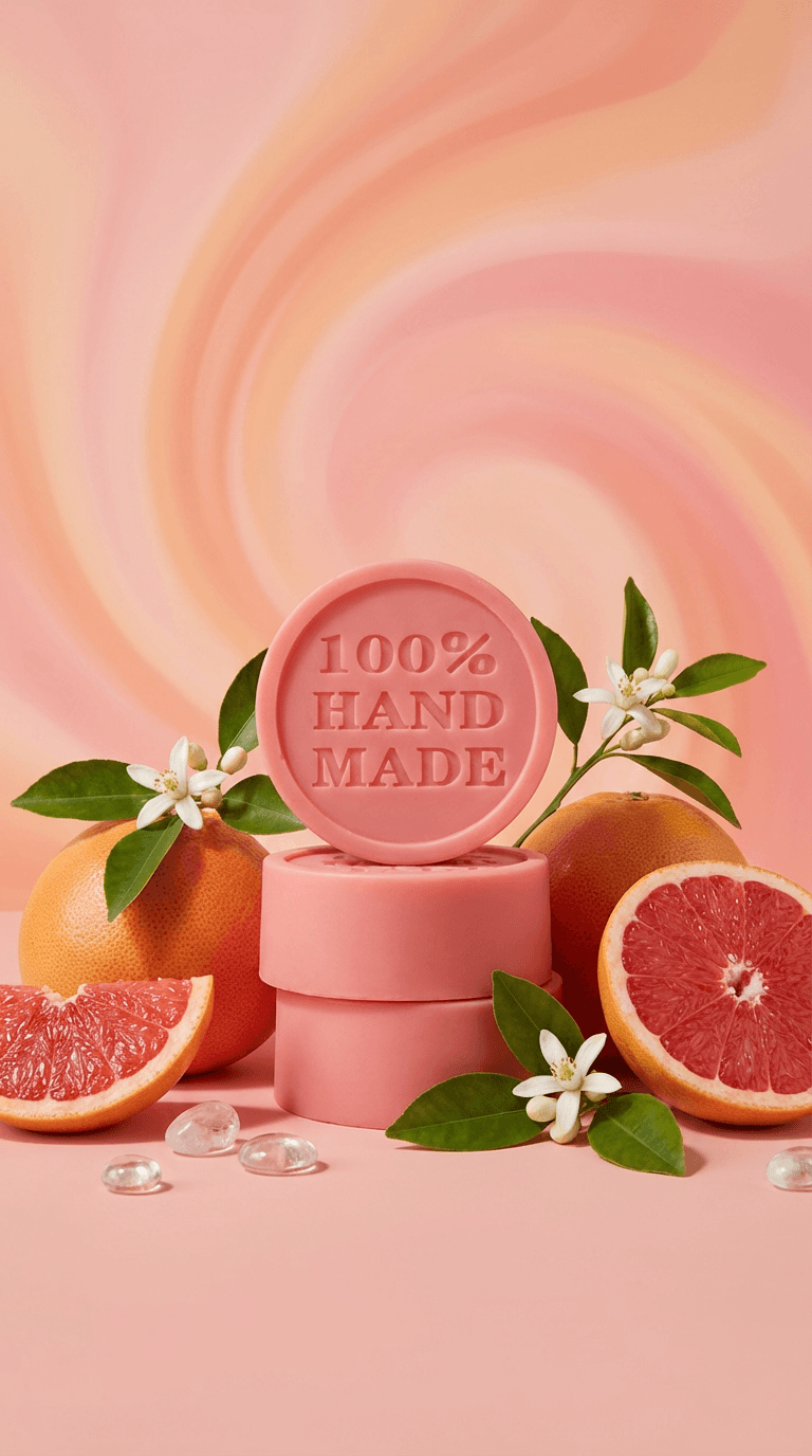 Round pink solid lotion bar embossed with '100% HAND MADE' displayed on cylindrical pink pedestal, surrounded by fresh grapefruit halves, white citrus blossoms, and green leaves.