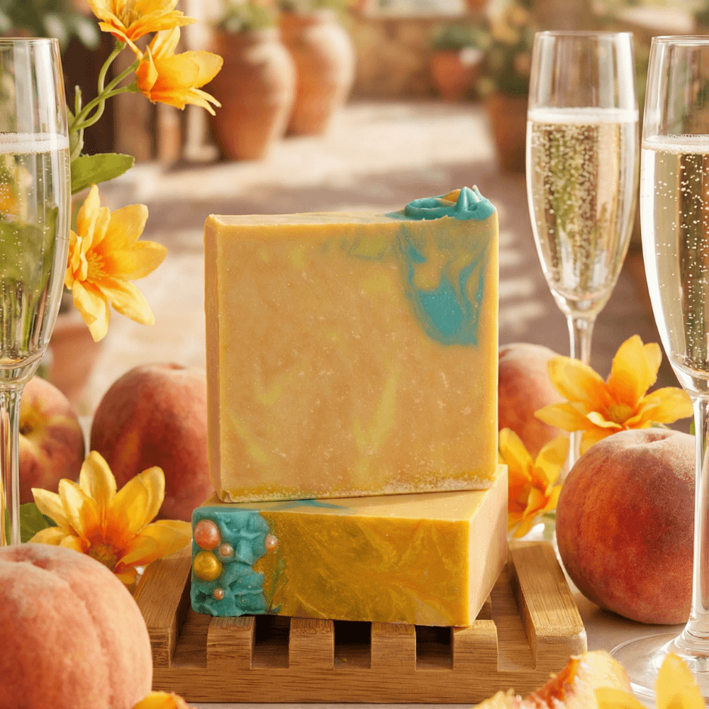 Golden yellow soap bars with teal blue swirl accents and decorative rosette on top, displayed on wooden soap dish surrounded by fresh peaches, yellow flowers, and champagne flutes.