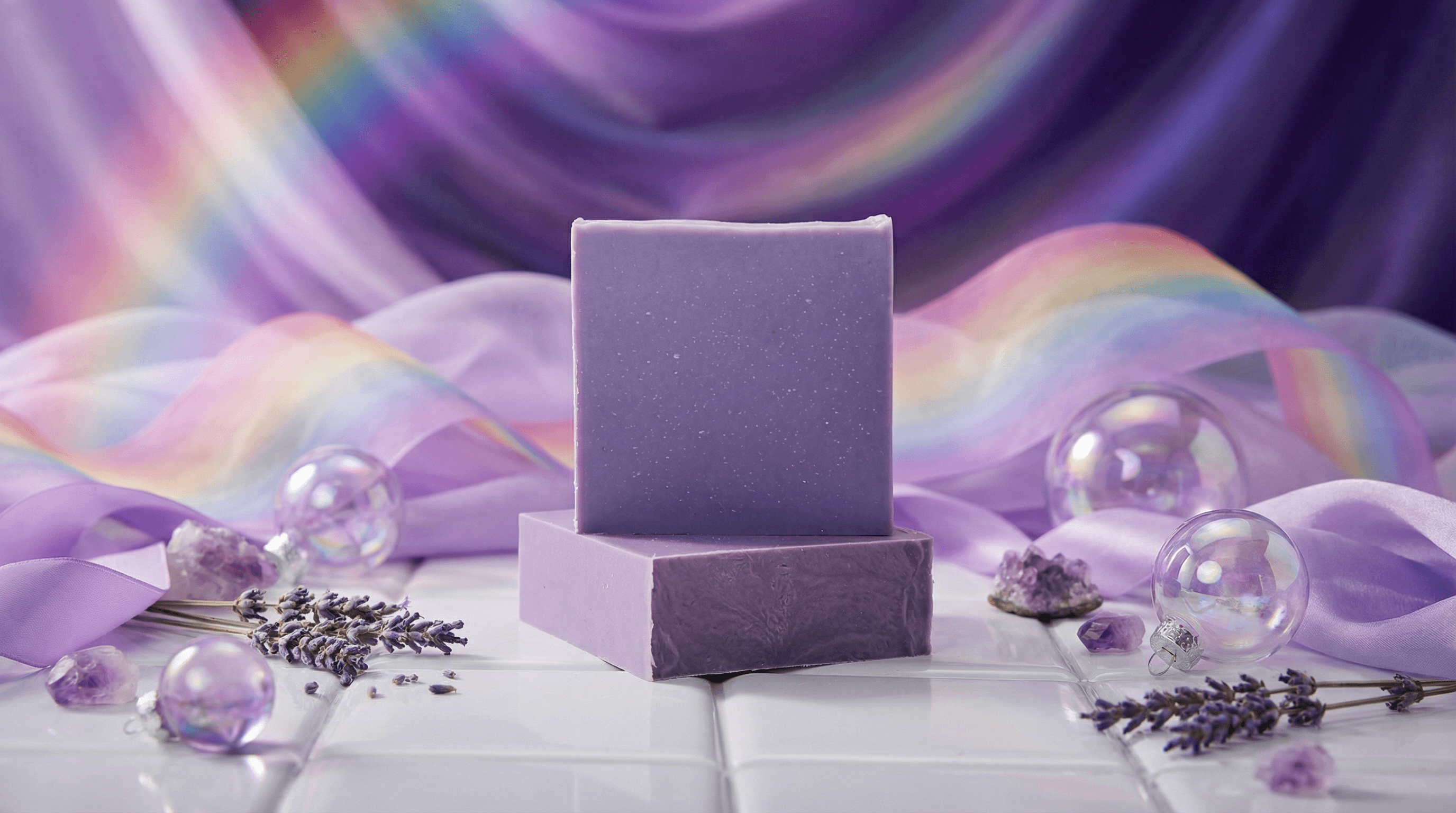 Two stacked purple soap bars with smooth, matte finish surrounded by dried lavender sprigs, amethyst crystals, and iridescent bubbles on white tile against dreamy purple draped backdrop.