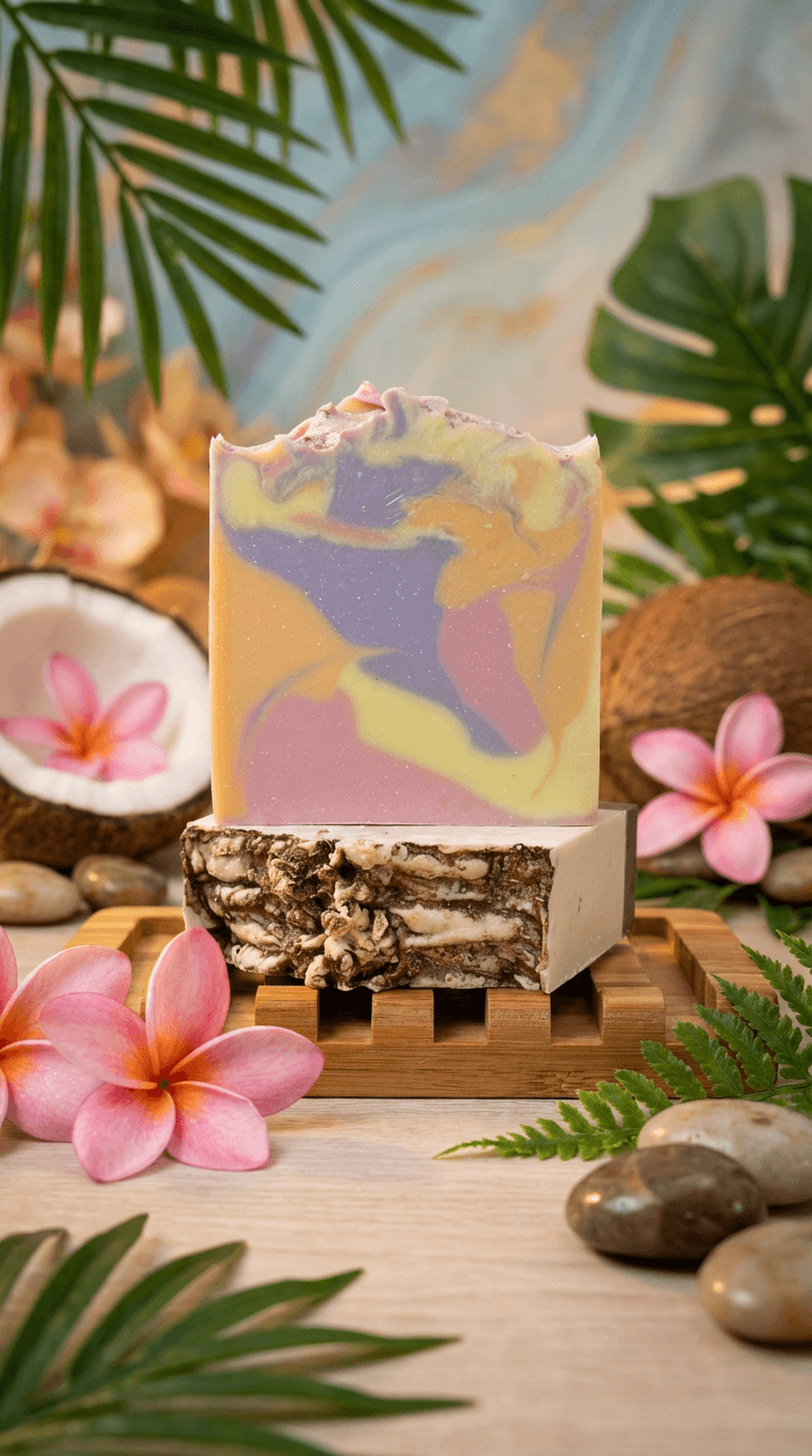 Two handcrafted soap bars on a wooden soap dish surrounded by tropical leaves, plumeria flowers, coconut, and smooth stones. Top bar features swirled pastel yellow, lavender, and pink colors.