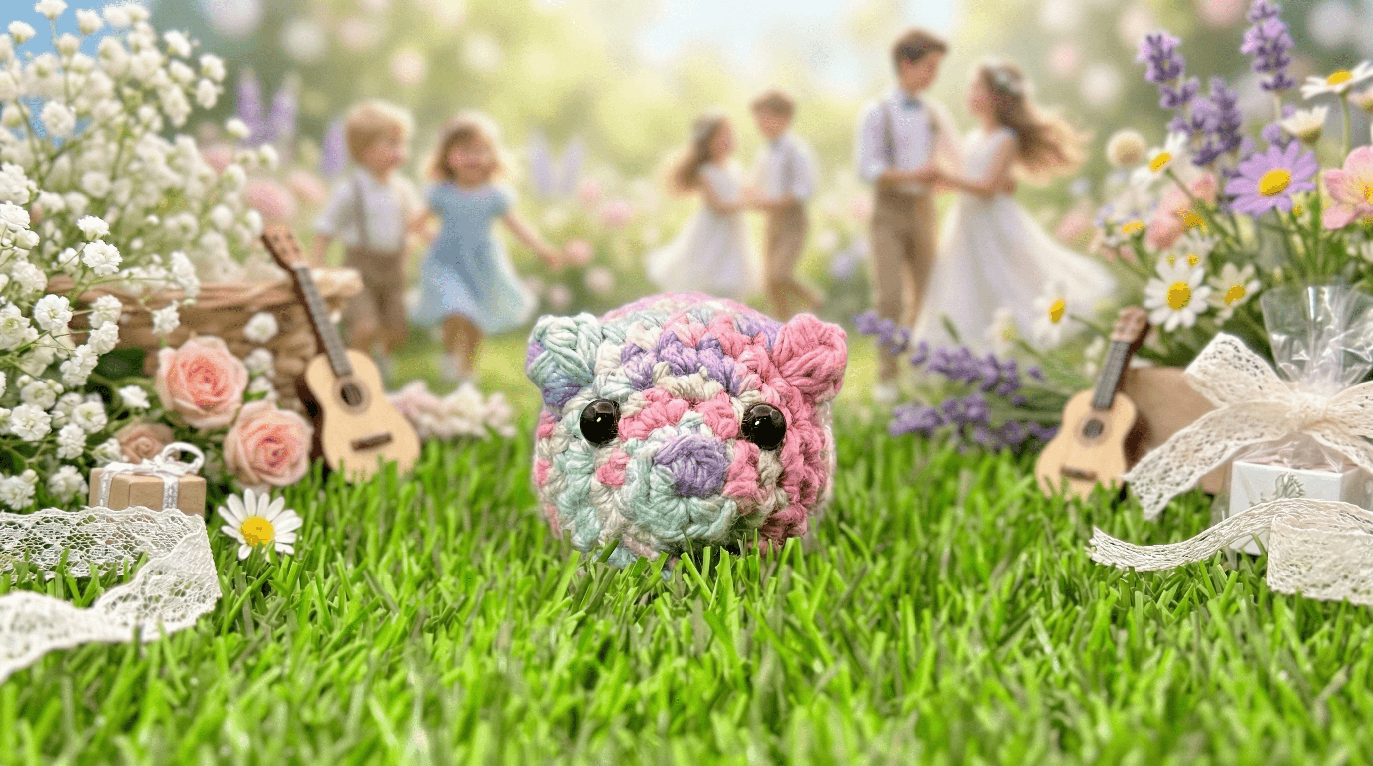 Pastel rainbow crocheted pig sachet with black bead eyes sits on artificial grass, surrounded by miniature flowers, lace ribbon, tiny guitars, and blurred figurines in a garden wedding scene.
