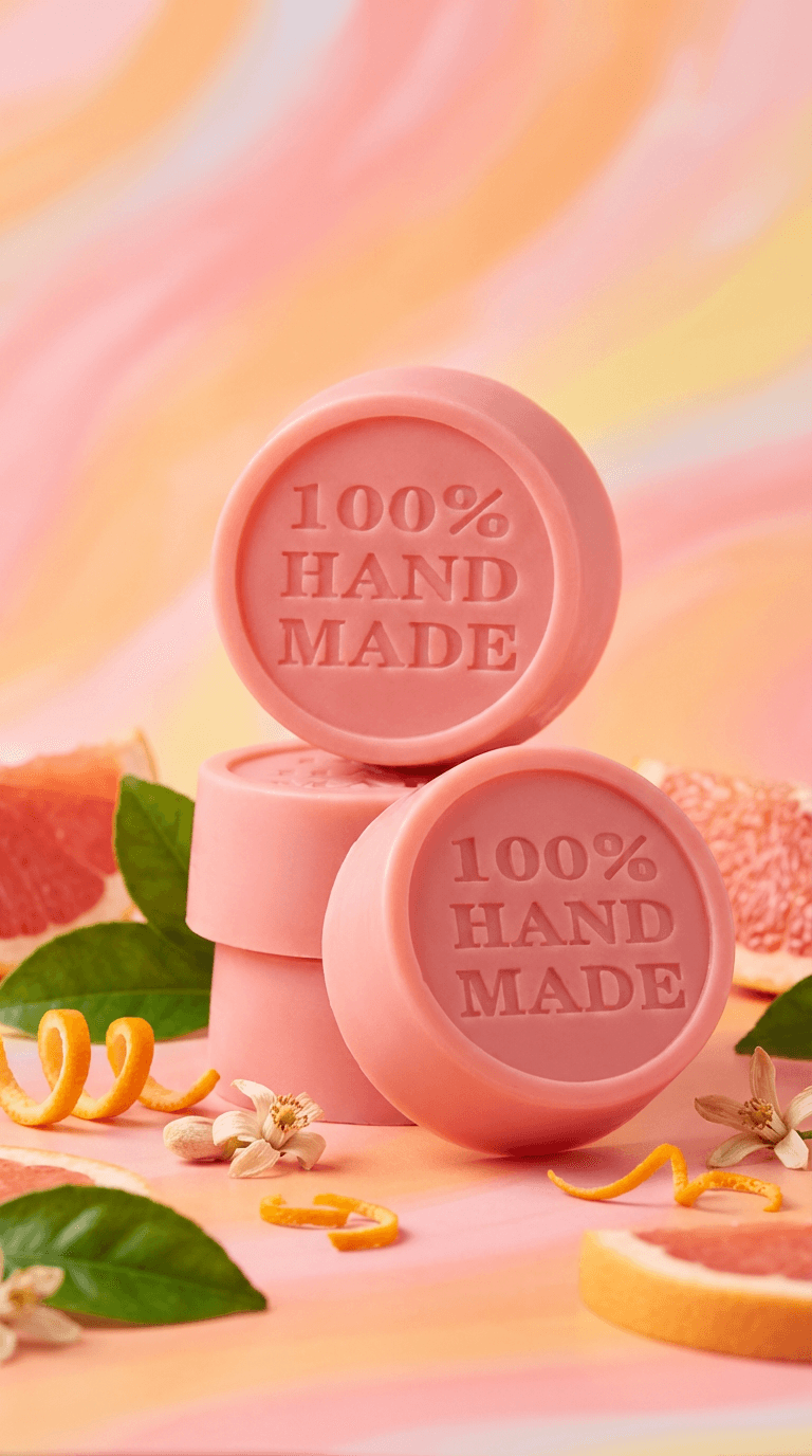 Stack of peachy-pink round solid lotion bars embossed with '100% HANDMADE' text, surrounded by fresh citrus slices, green leaves, and white flowers on a pastel gradient background.