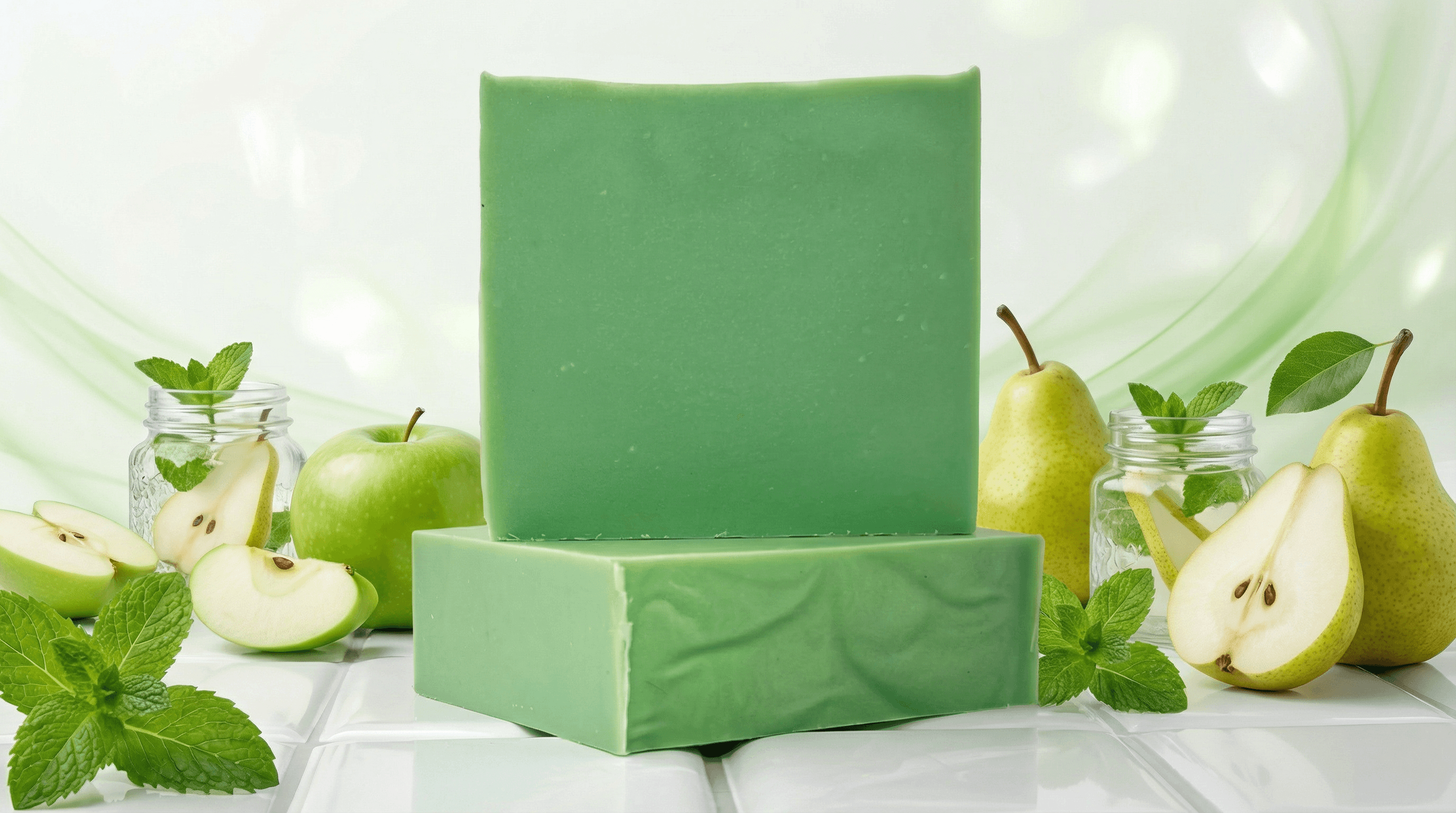 Two green rectangular soap bars stacked on a white surface, surrounded by fresh green apples, pears, mint leaves, and glass jars with fruit water.