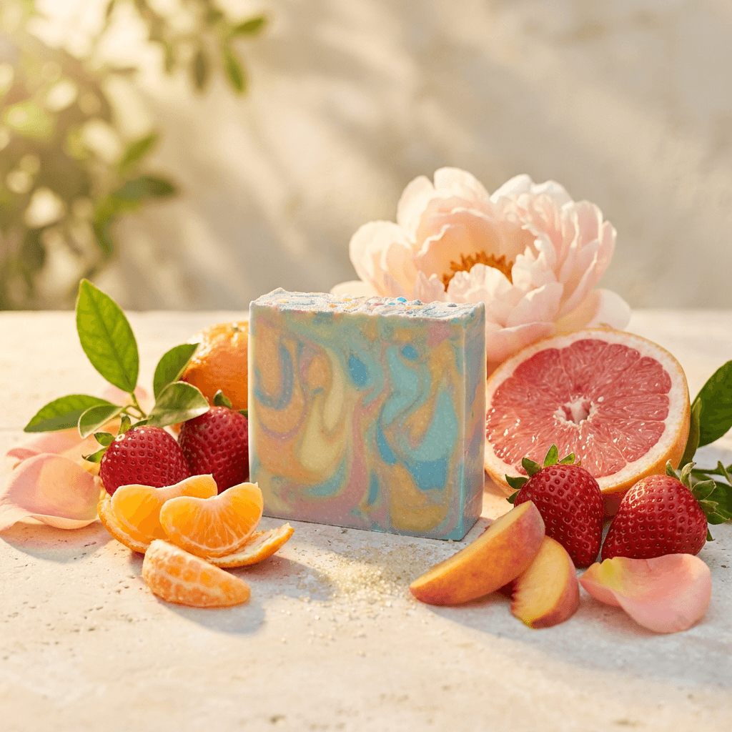 Handcrafted cold process soap bar with swirled pastel blue, peach, and cream marbling, topped with rainbow confetti sprinkles. Styled with fresh strawberries, citrus slices, grapefruit half, and pink peony flower.