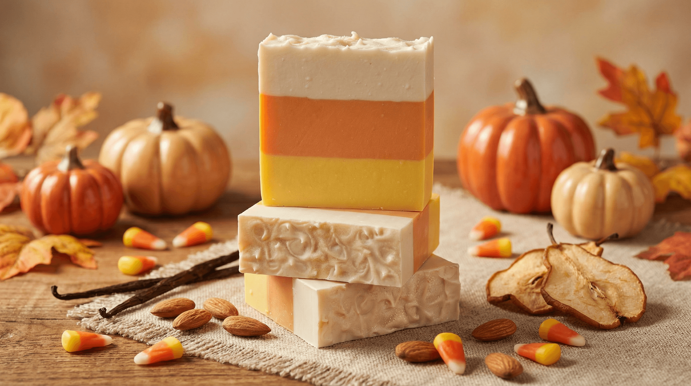 Stack of handmade soap bars with candy corn-inspired layers in yellow, orange, and cream, surrounded by autumn pumpkins, dried leaves, candy corn, almonds, and vanilla beans.