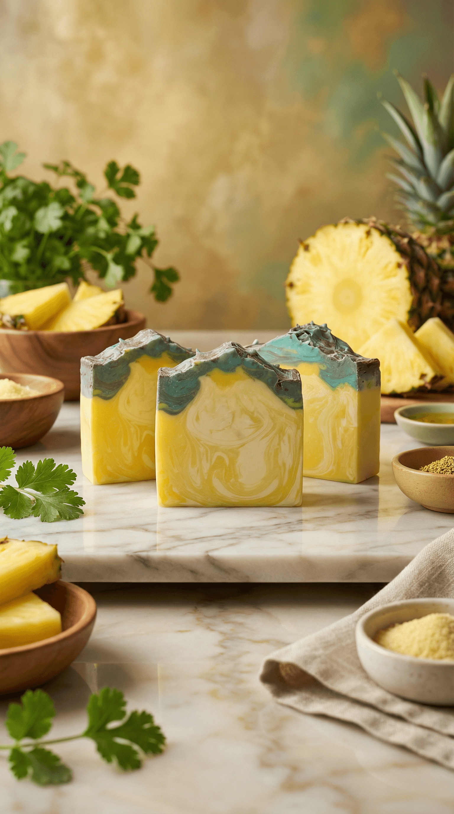 Three bars of handcrafted soap with swirled yellow and teal-green marbling on a marble surface, surrounded by fresh pineapple slices, cilantro sprigs, and small wooden bowls of ingredients.