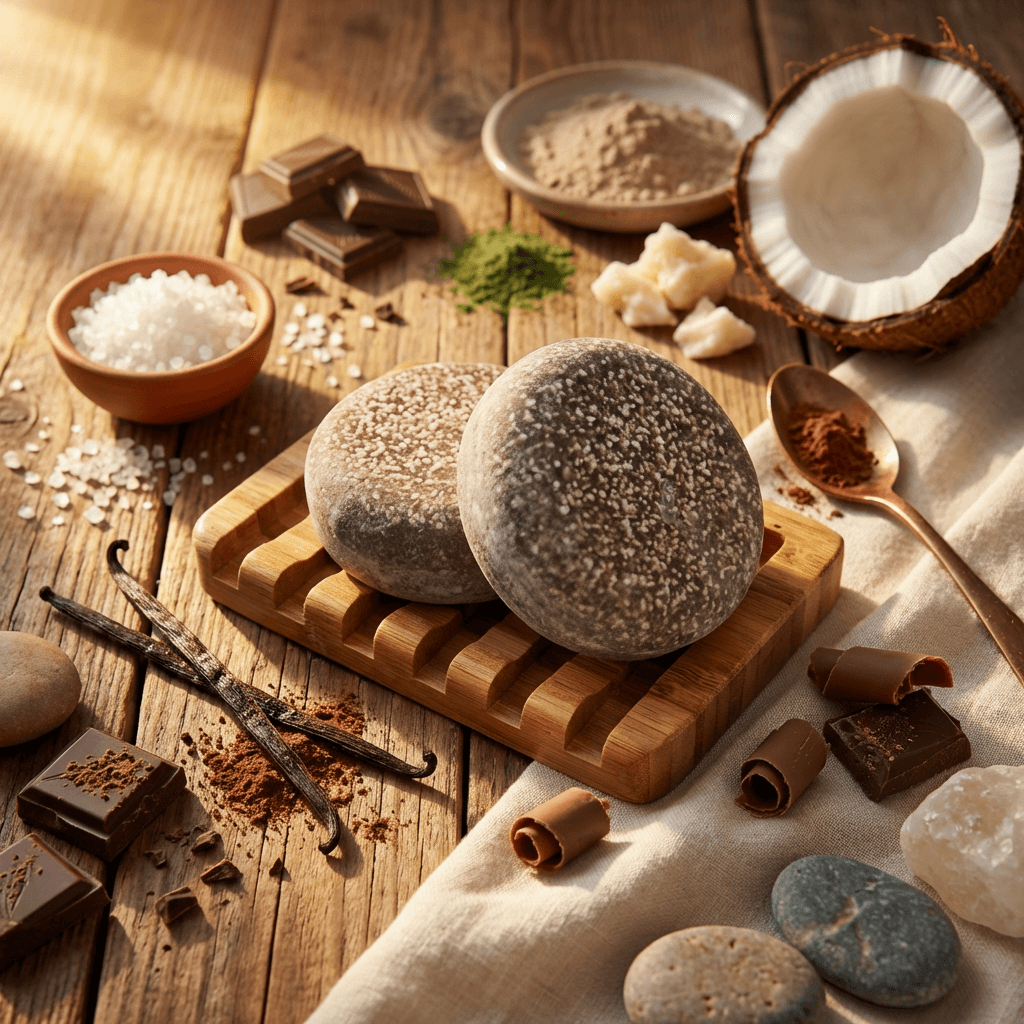 Two round gray soap bars with speckled texture on wooden tray, surrounded by natural ingredients including coconut half, chocolate pieces, vanilla beans, sea salt, and cocoa powder on rustic wood surface.