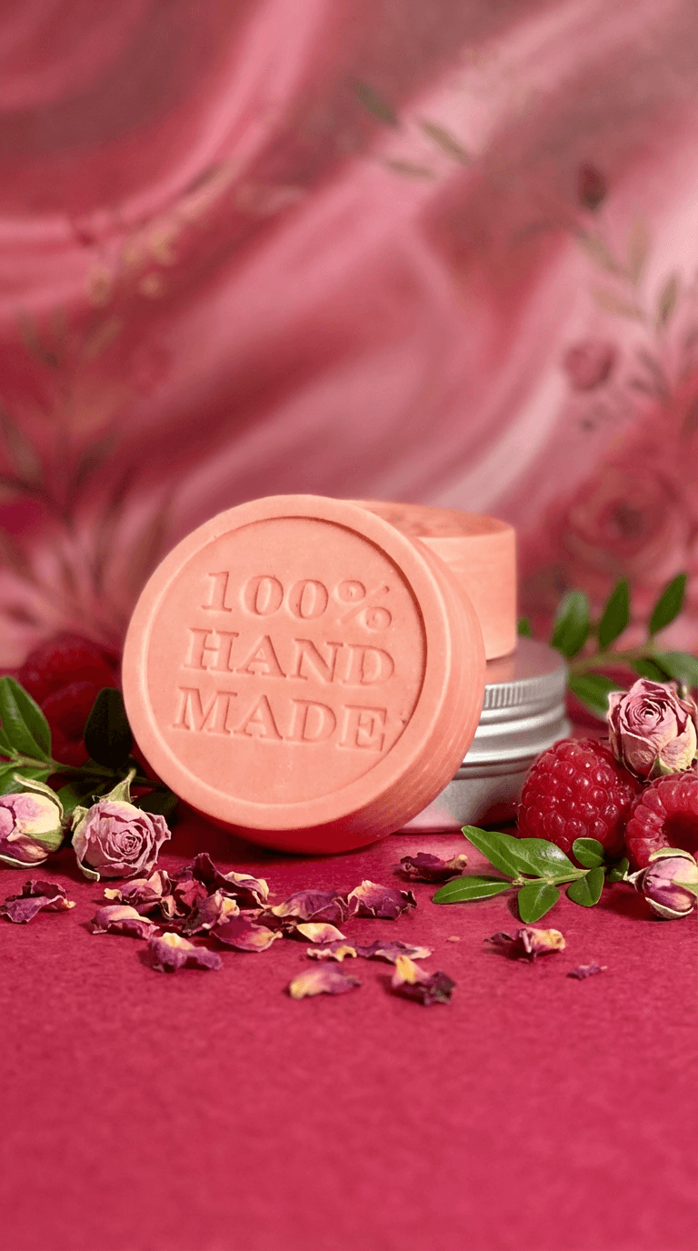 Peachy-pink solid lotion bar embossed with '100% HAND MADE' displayed with fresh raspberries, dried rose petals, pink rosebuds, and green leaves on a deep pink surface.