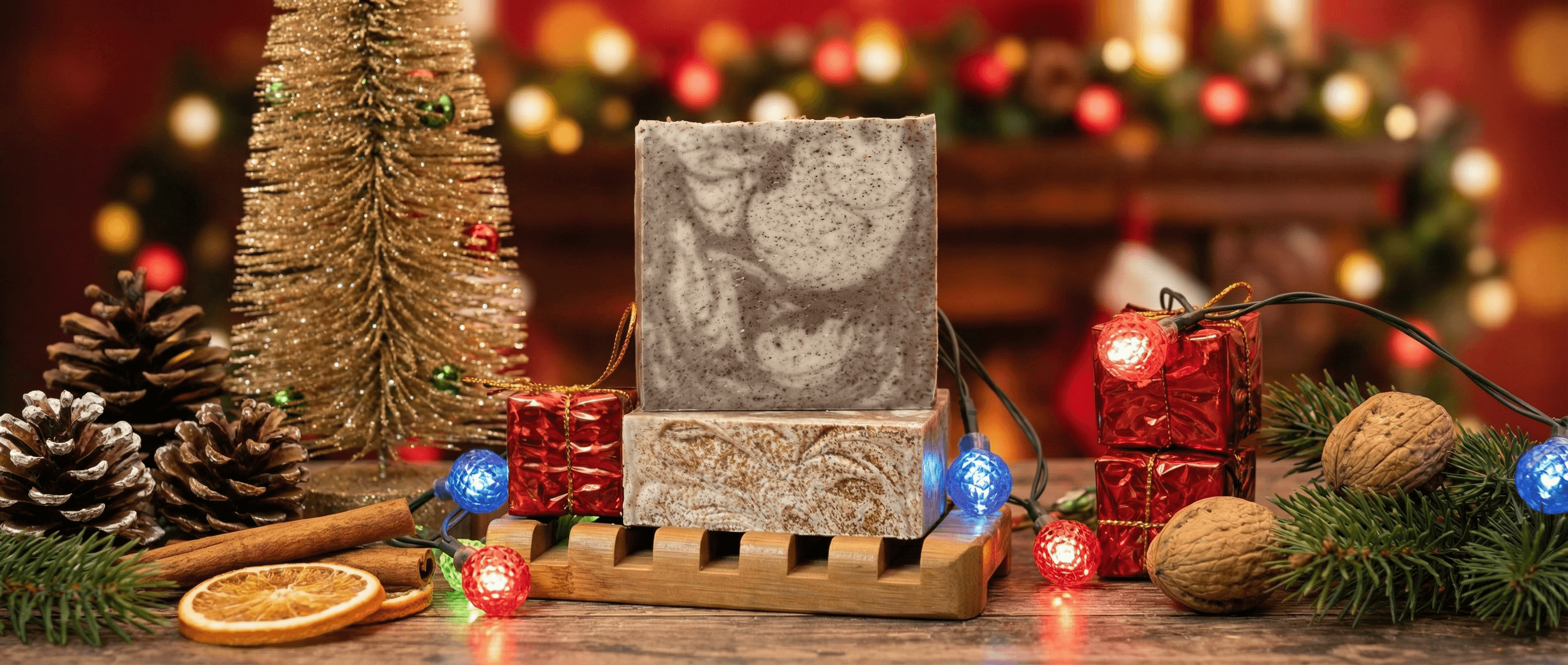 Two bars of handcrafted soap with marbled gray and tan swirls stacked on a wooden soap dish, surrounded by festive Christmas decorations including pine cones, cinnamon sticks, walnuts, and twinkling lights.