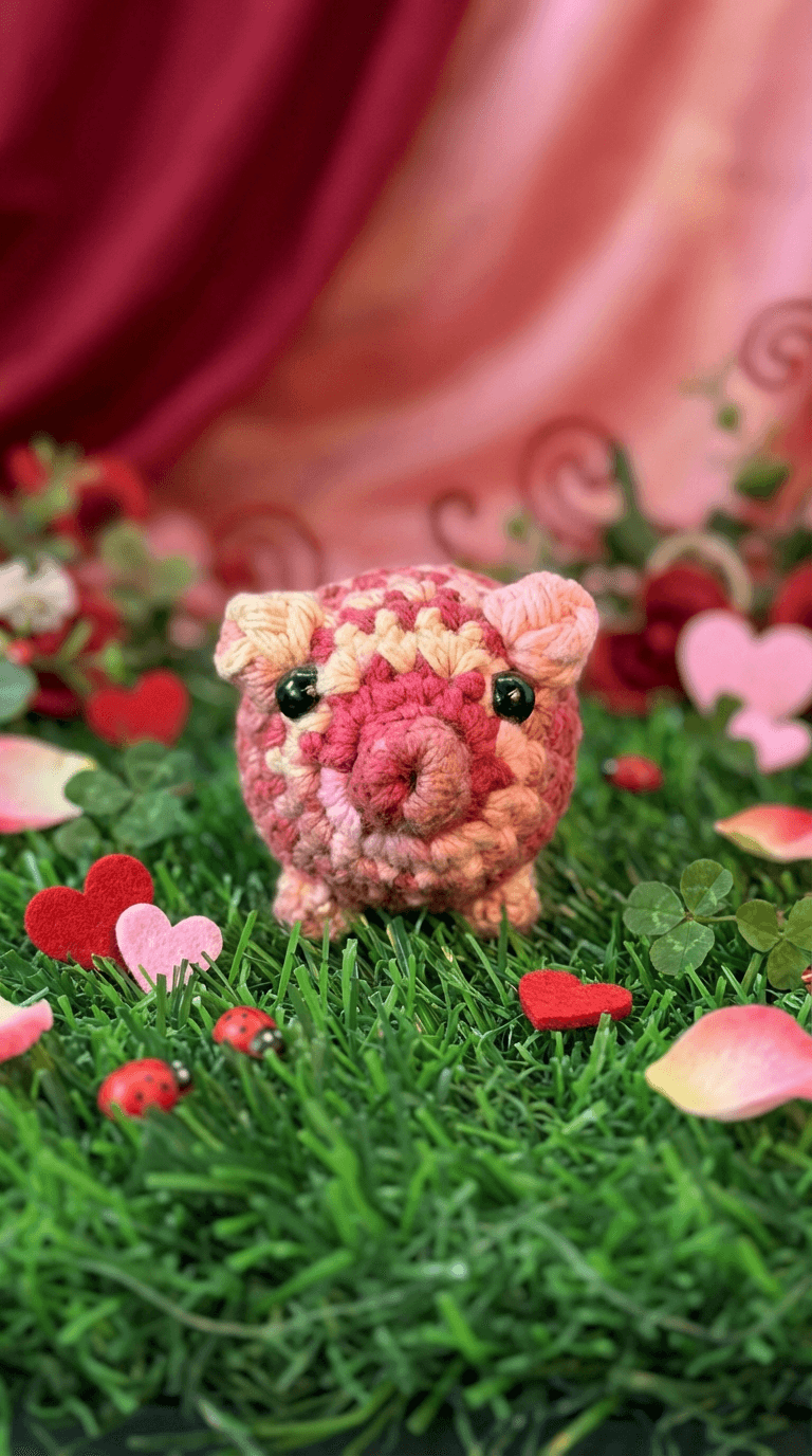 Hand-crocheted pig sachet in variegated pink, coral, and cream stripes with black bead eyes and pink ears, displayed on artificial grass with scattered heart decorations and rose petals.
