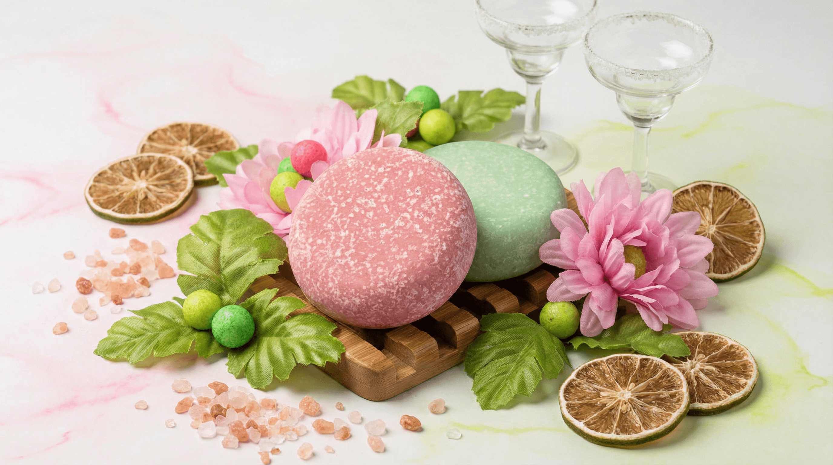Two round sea salt scrub bars on a wooden soap dish, one pink with sparkly texture and one pale green, surrounded by pink flowers, dried lime slices, green leaves, pink salt crystals, and margarita glasses in the background.
