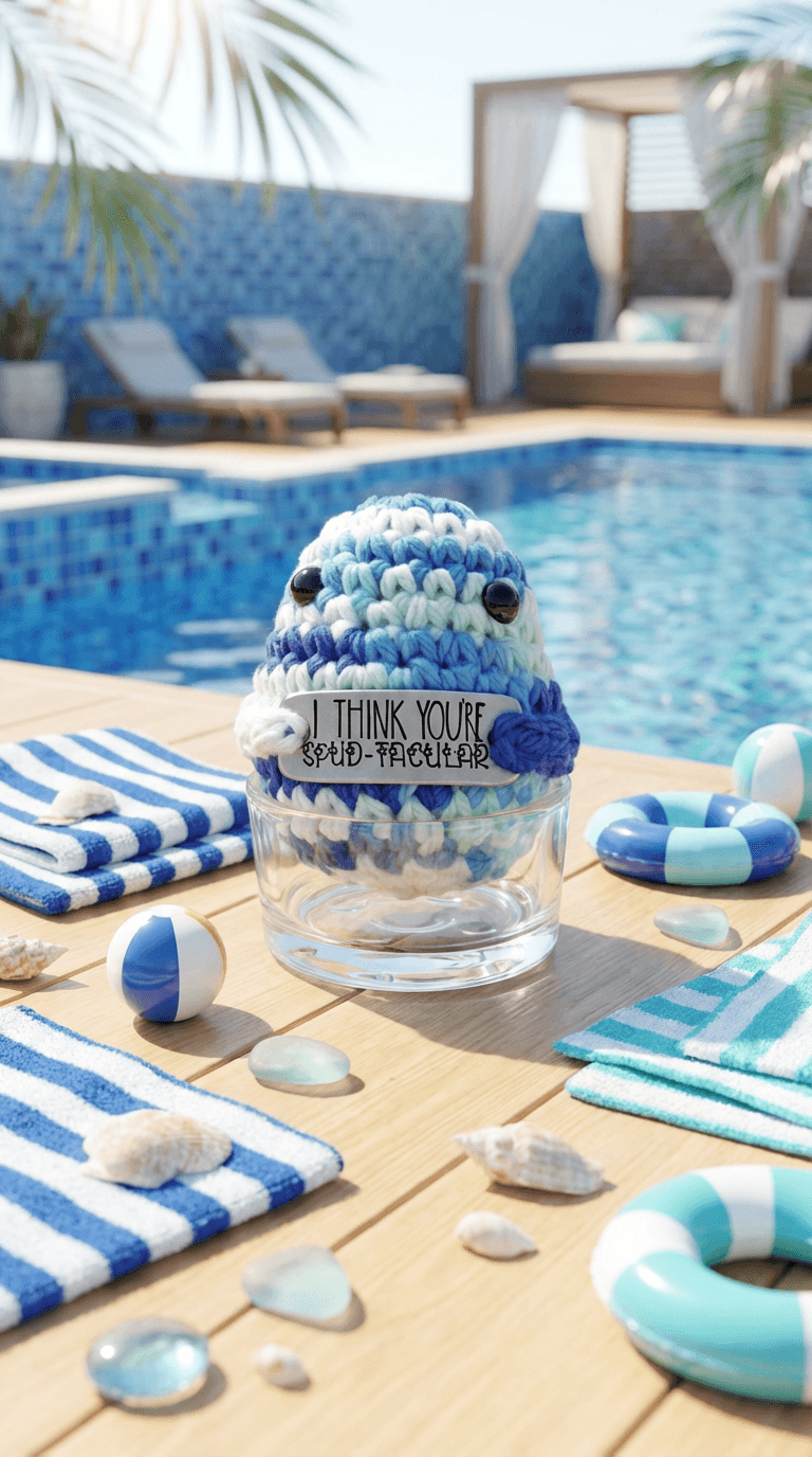 Hand-crocheted blue and white striped character in a glass by a pool, holding a sign. Styled with striped towels, beach balls, and seashells on wooden deck.