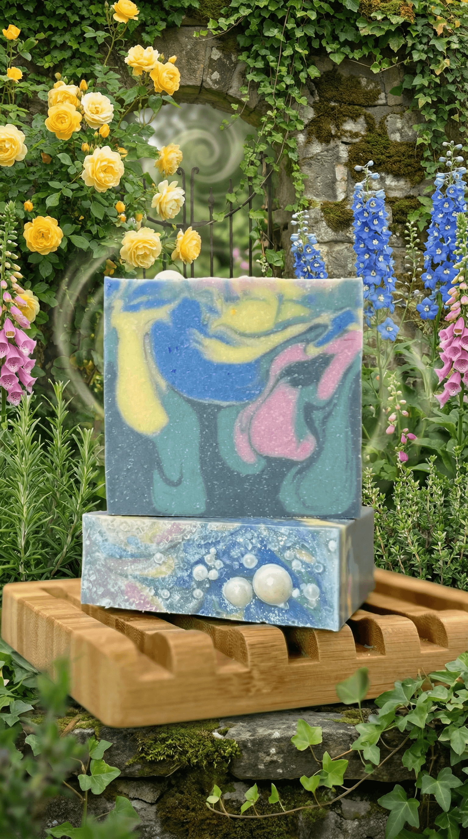 Two stacked soap bars on a wooden dish in a garden setting. Top bar shows swirled blues, yellows, and pink; bottom bar features embedded white spheres in blue matrix.