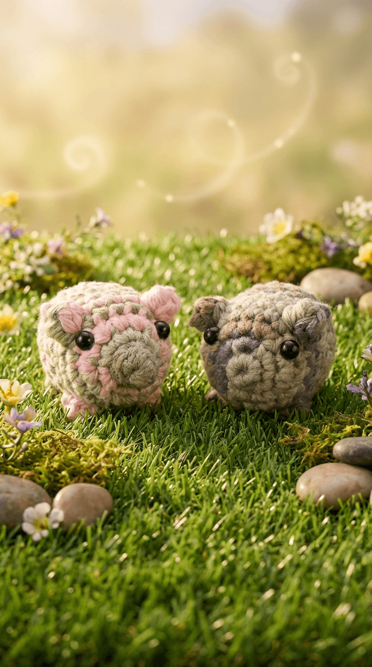 Two small crocheted pig sachets in muted green and pink tones with black bead eyes, nestled on moss with tiny wildflowers and smooth stones in soft natural light.