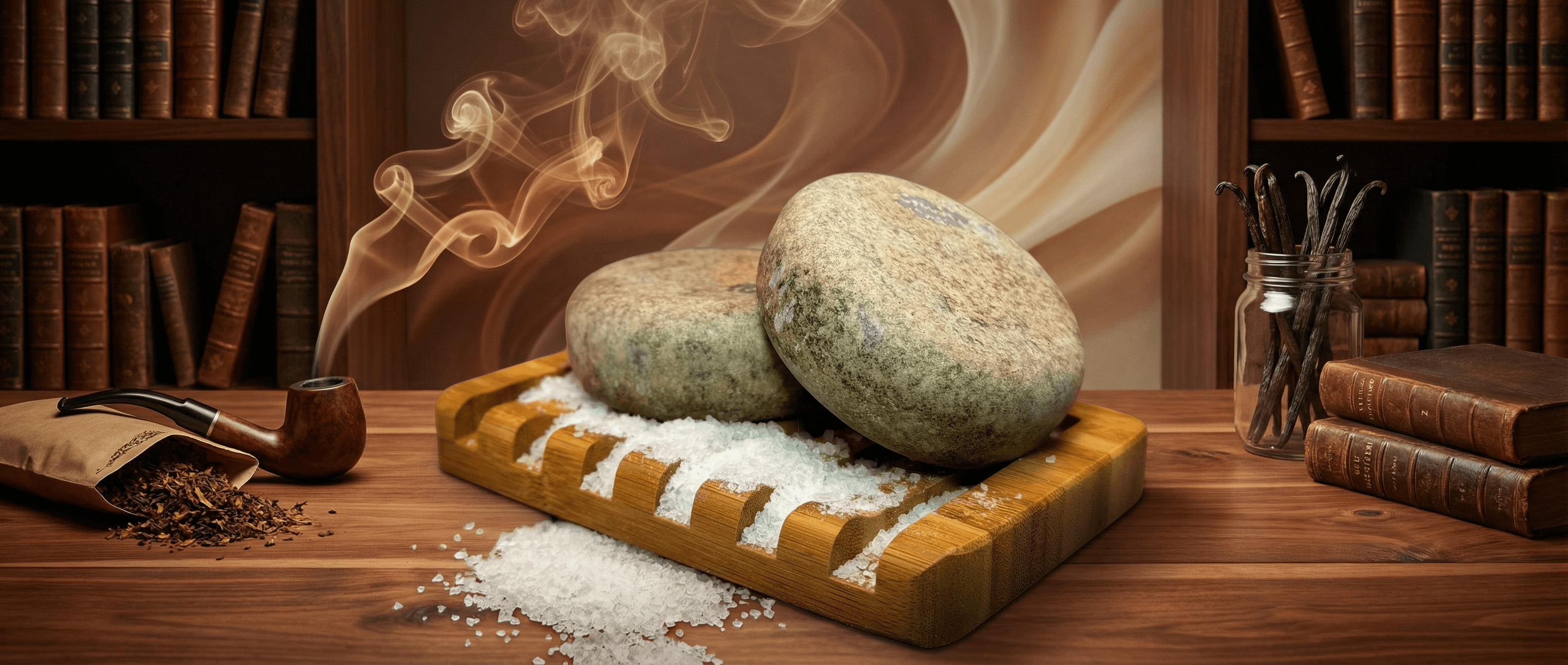 Two pale gray-green oval stones rest on a wooden board dusted with coarse white sea salt. Tobacco pipe with curling smoke, scattered tobacco, vanilla beans, and antique books complete the moody library setting.