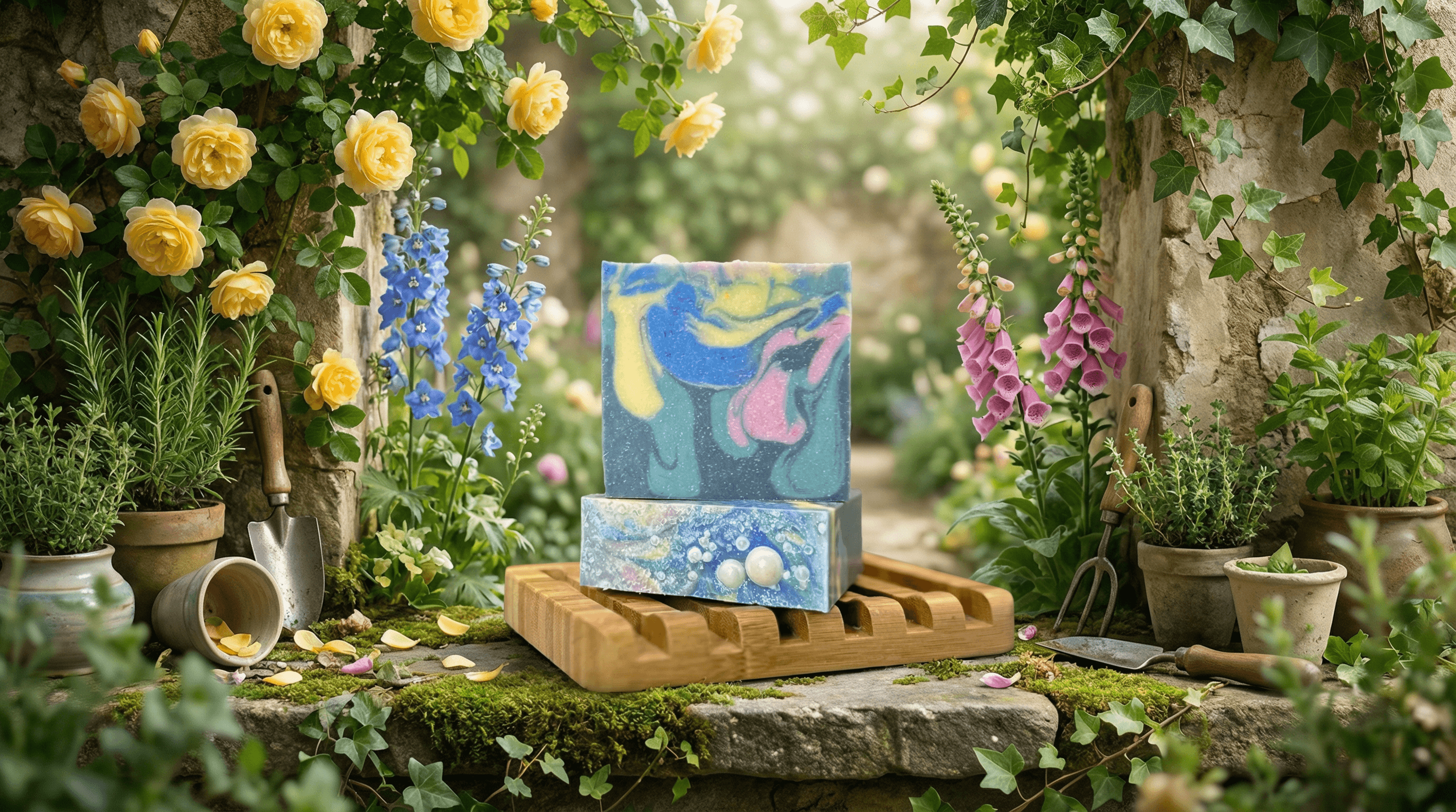 Two swirled blue, yellow, and pink soap bars with glitter stacked on a wooden soap dish, surrounded by yellow roses, blue delphiniums, pink foxgloves, and garden tools in an English garden setting.