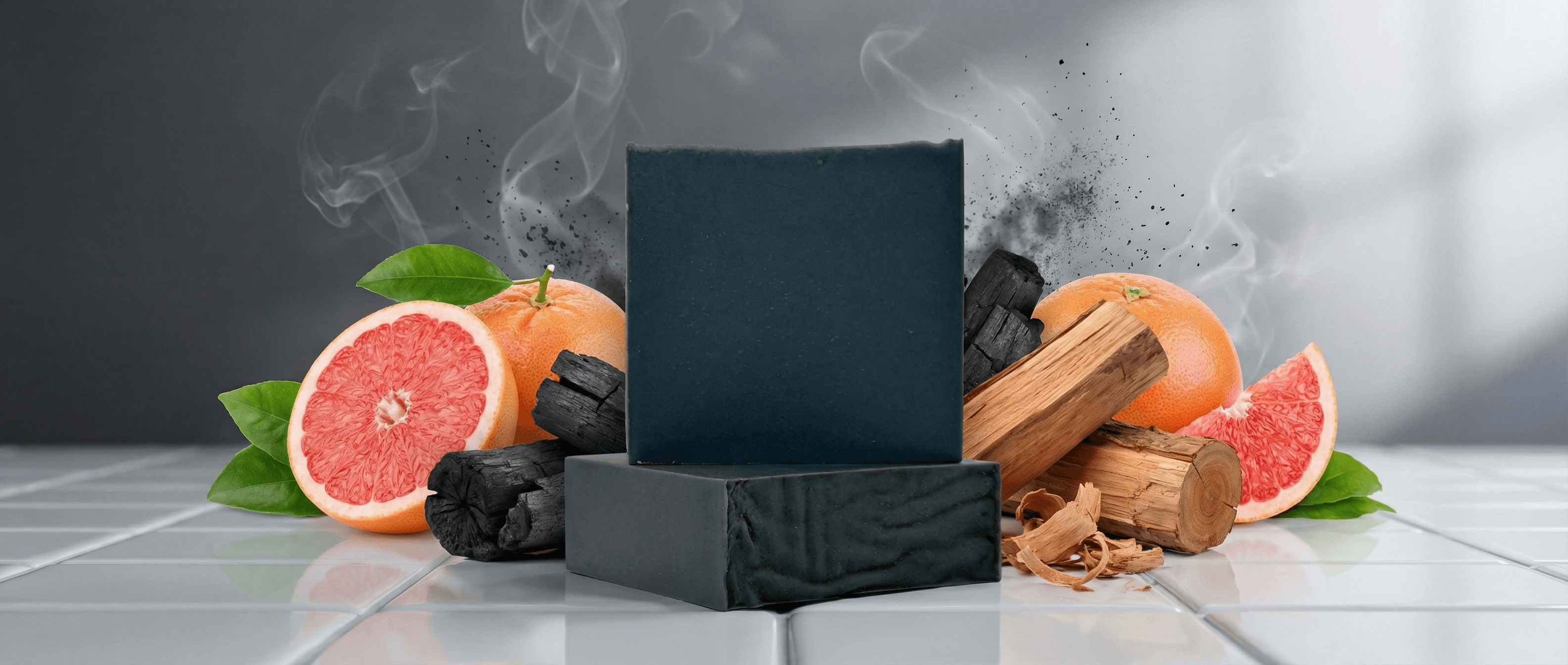 Dark charcoal-gray bar soap with smooth matte finish, displayed with fresh grapefruit halves, charcoal pieces, cedarwood chunks, and wispy smoke against a modern gray background.