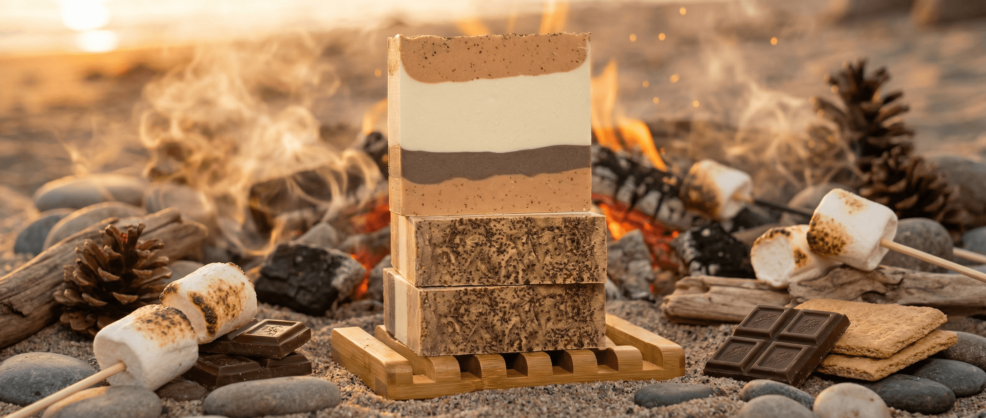 Four stacked handmade soap bars in layered brown, cream, and gray stripes with speckled texture, displayed on wooden soap dish by campfire with toasted marshmallows, chocolate, and graham crackers.