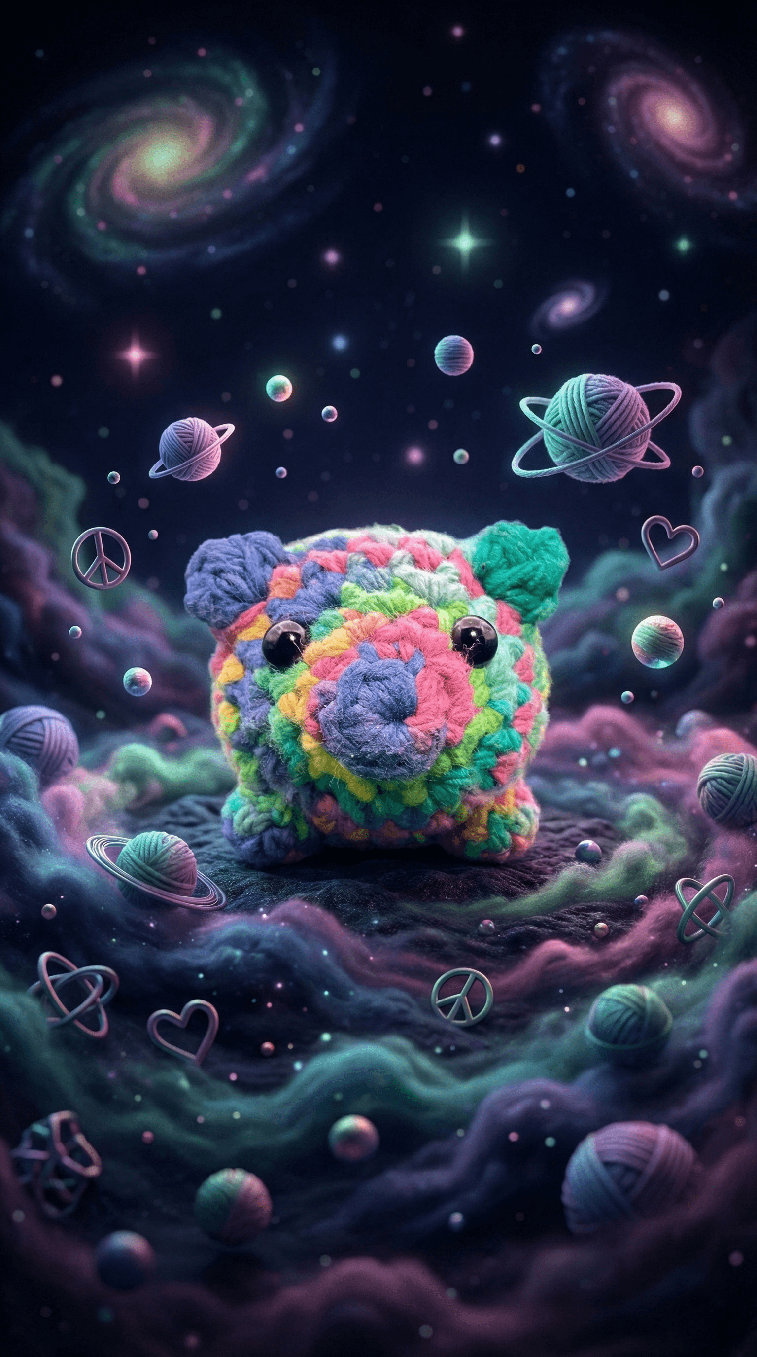 Rainbow-colored crocheted pig sachet with black bead eyes, surrounded by yarn planets, peace signs, and hearts against a cosmic galaxy background with swirling nebula clouds.