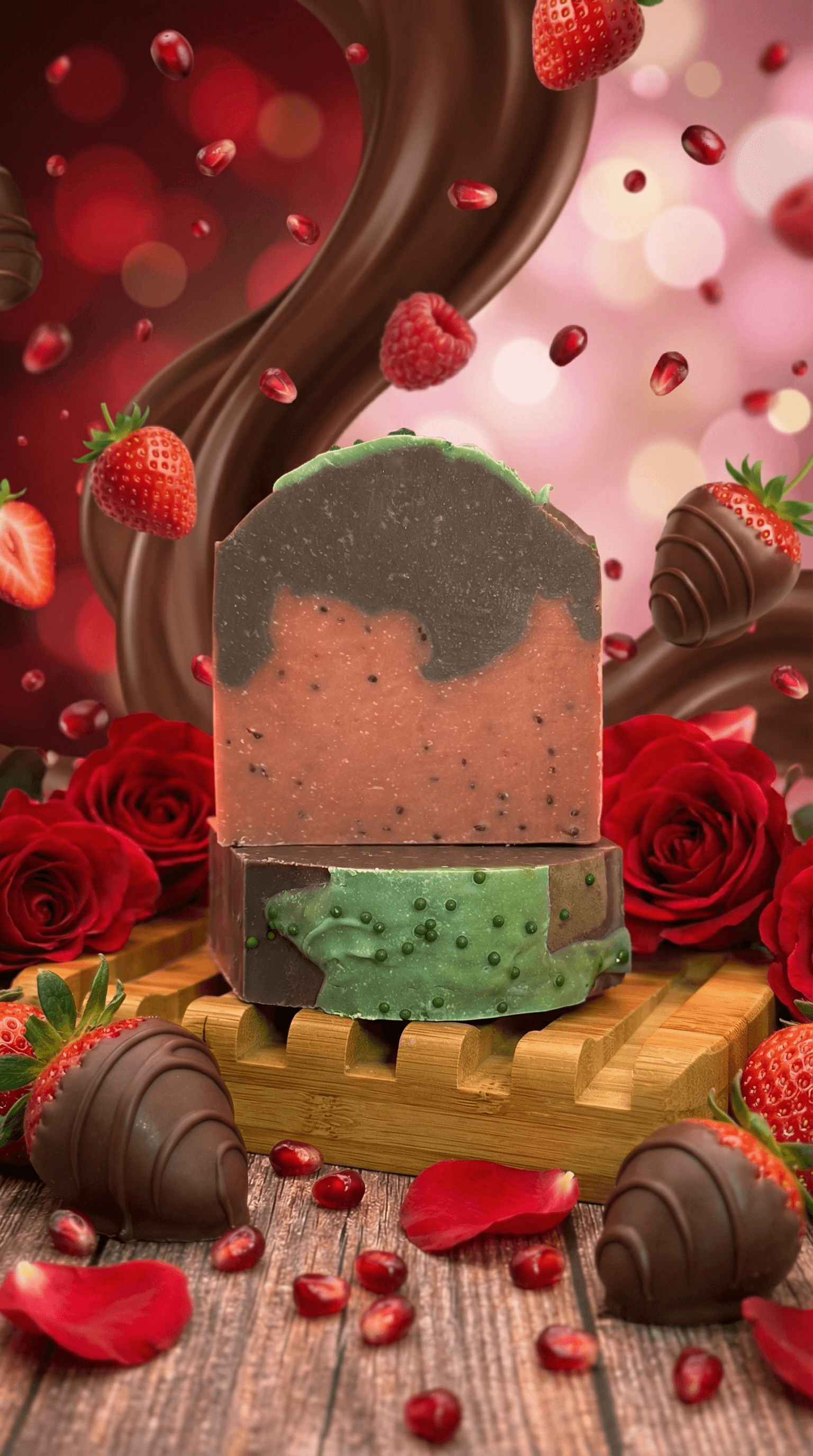 Two stacked handcrafted soap bars on bamboo tray surrounded by red roses, chocolate-covered strawberries, and pomegranate seeds. Top bar is pink with dark speckles, bottom bar is green with visible botanicals.