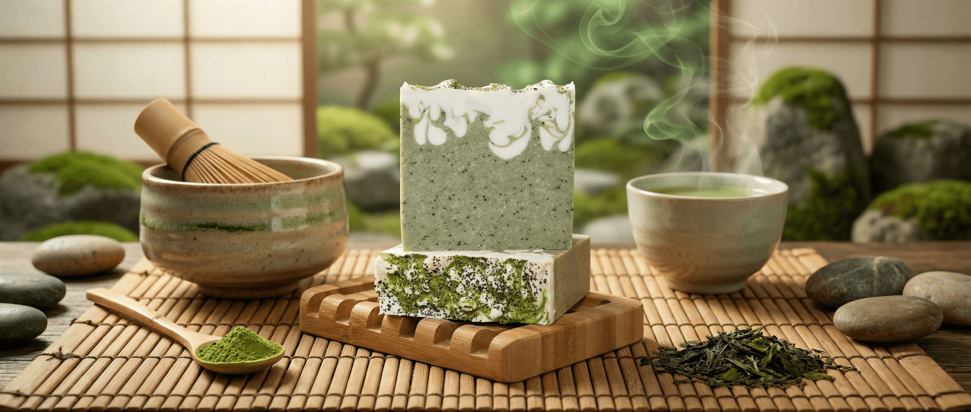 Green matcha soap bar with white decorative swirl on top, displayed on wooden soap dish beside ceramic matcha bowl with bamboo whisk and steaming tea cup on bamboo mat.