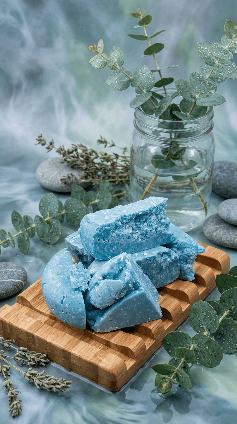 Chunks of bright blue handmade soap with crystalline texture stacked on a wooden soap dish, surrounded by fresh eucalyptus sprigs in a jar and smooth gray stones.
