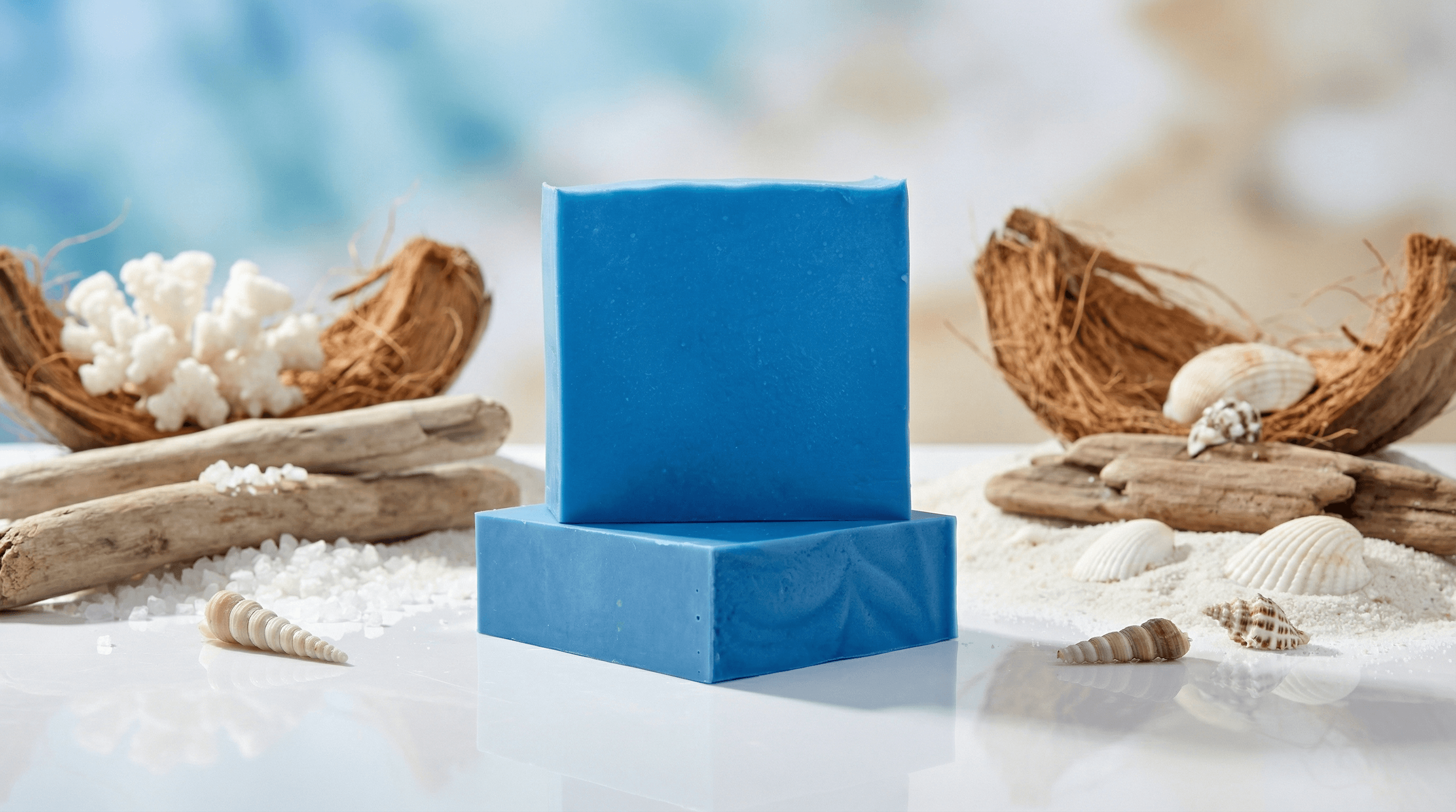 Two bars of ocean-blue handcrafted soap stacked on white surface, surrounded by driftwood, seashells, and white coral against a soft beach-themed backdrop.
