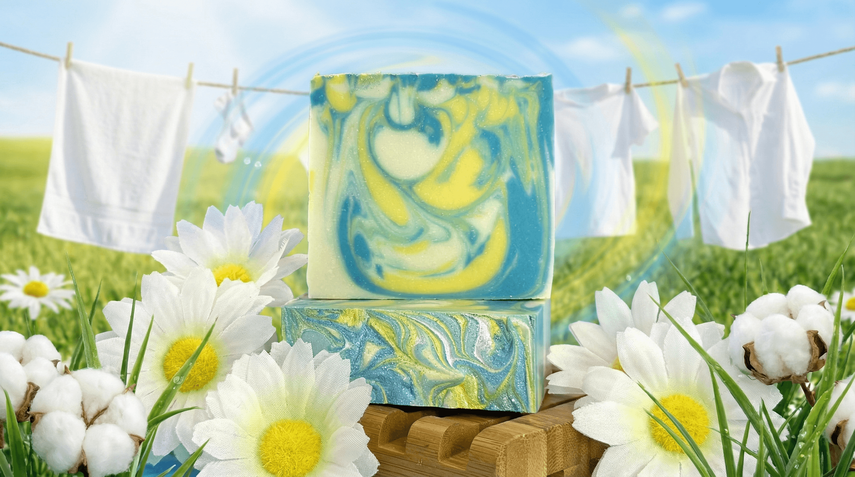 Two bars of marbled blue, yellow and green swirled soap stacked on wood, surrounded by white daisies and cotton bolls, with white laundry hanging in the background.